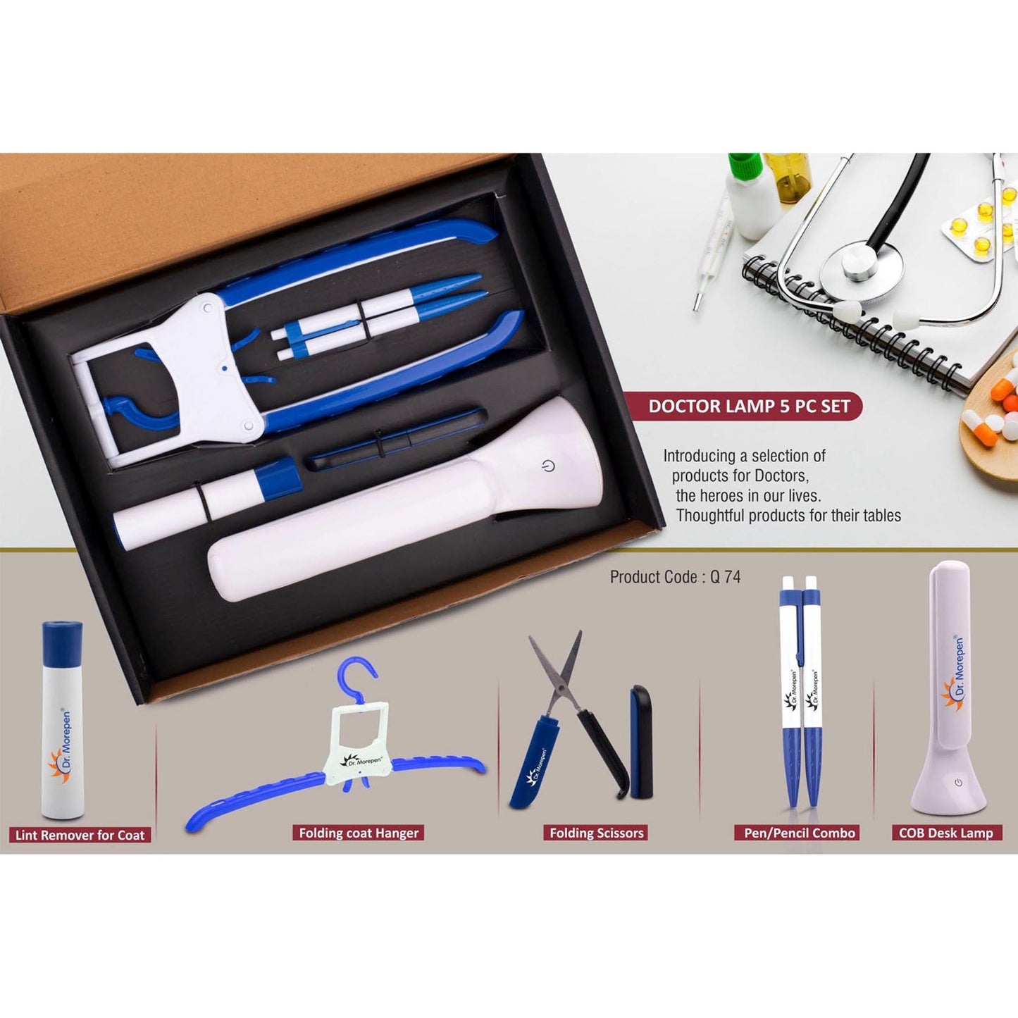 Doctor Lamp set: Folding Coat hanger, Lint remover, Folding scissors, Pen/Pencil combo, COB Desk lamp | 5 pc set - Q 74 MARSH Corporate gifts