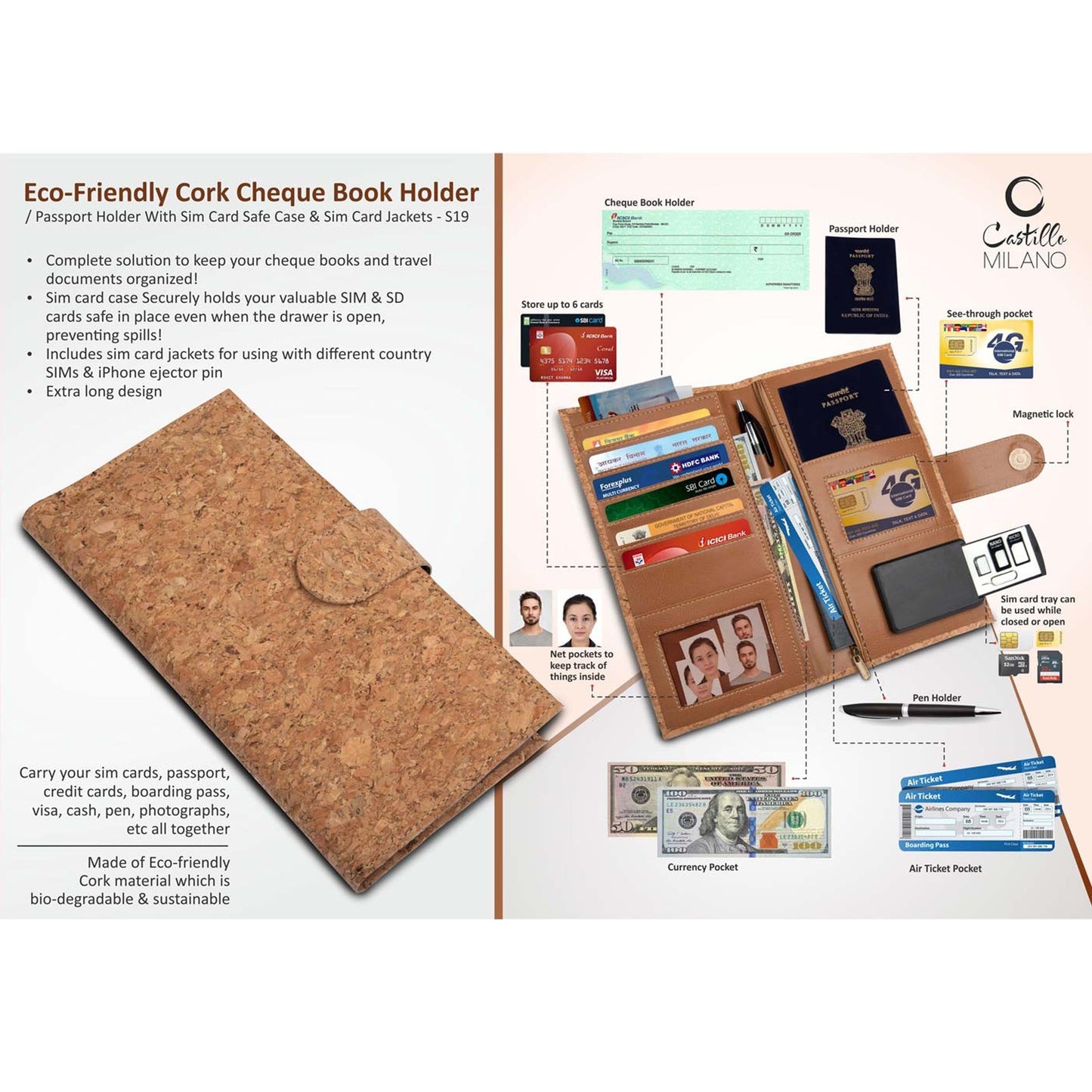 Eco-Friendly Cork Cheque Book Holder / Passport Holder With Sim Card Safe Case & Sim Card Jackets - S 19 MARSH Corporate gifts