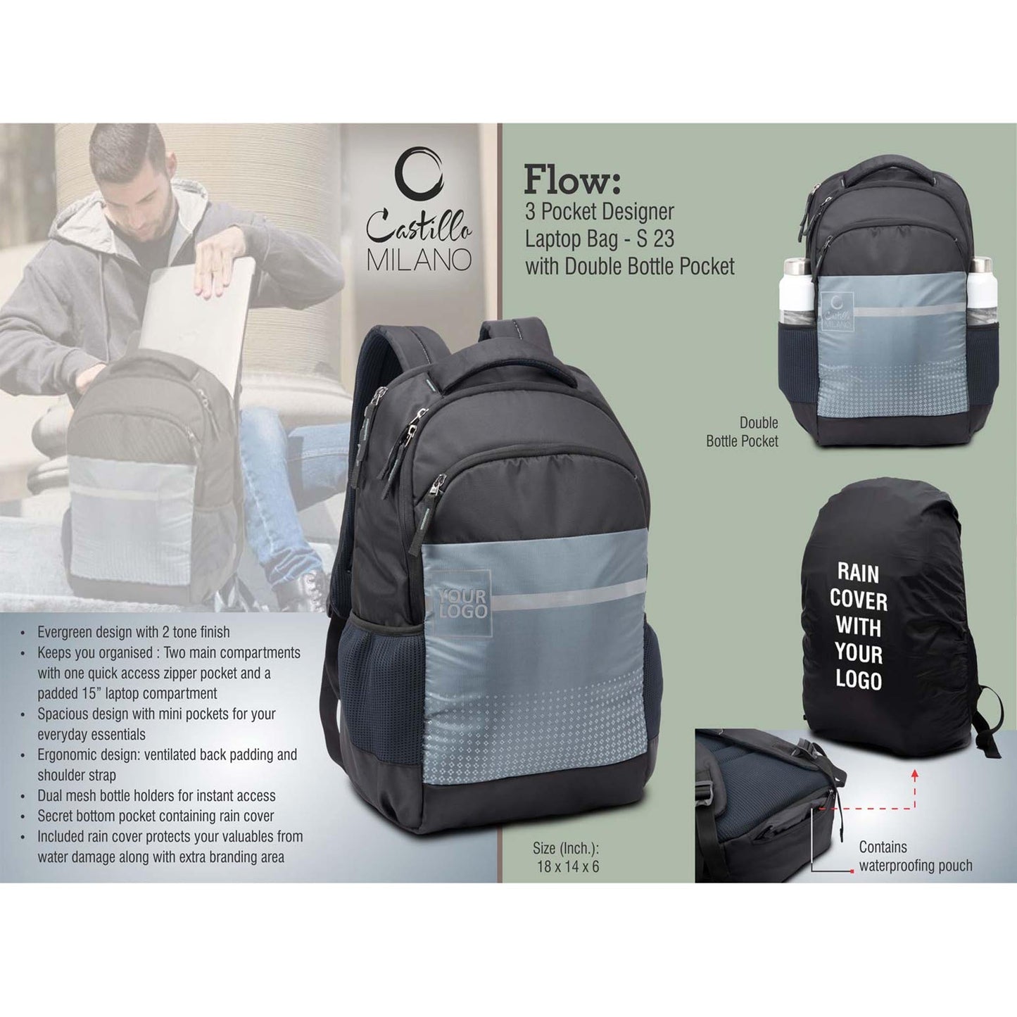 Flow: 3 pocket Designer laptop bag with double bottle pocket and rain cover - S 23 MARSH Corporate gifts