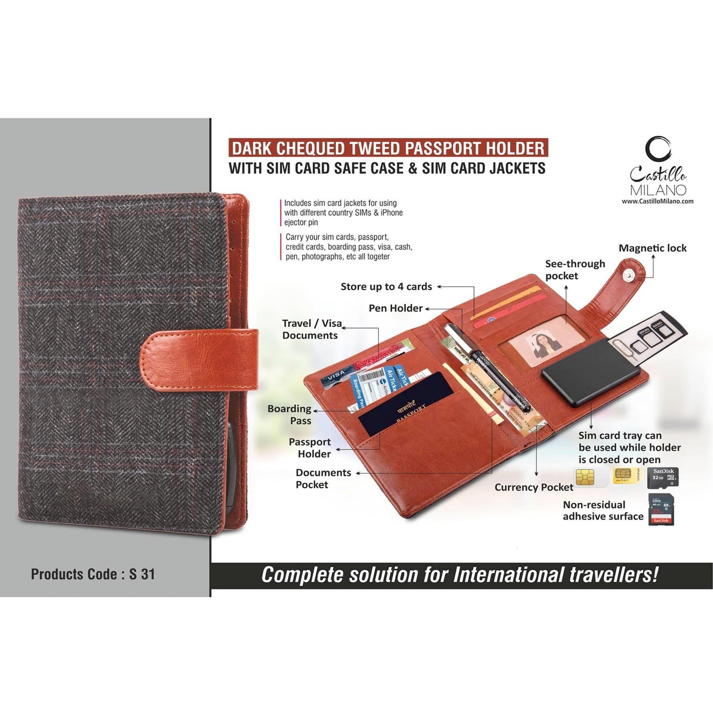 Dark Chequed Tweed Passport holder with Sim Card Safe Case & Sim Card Jackets - S 31 MARSH Corporate gifts