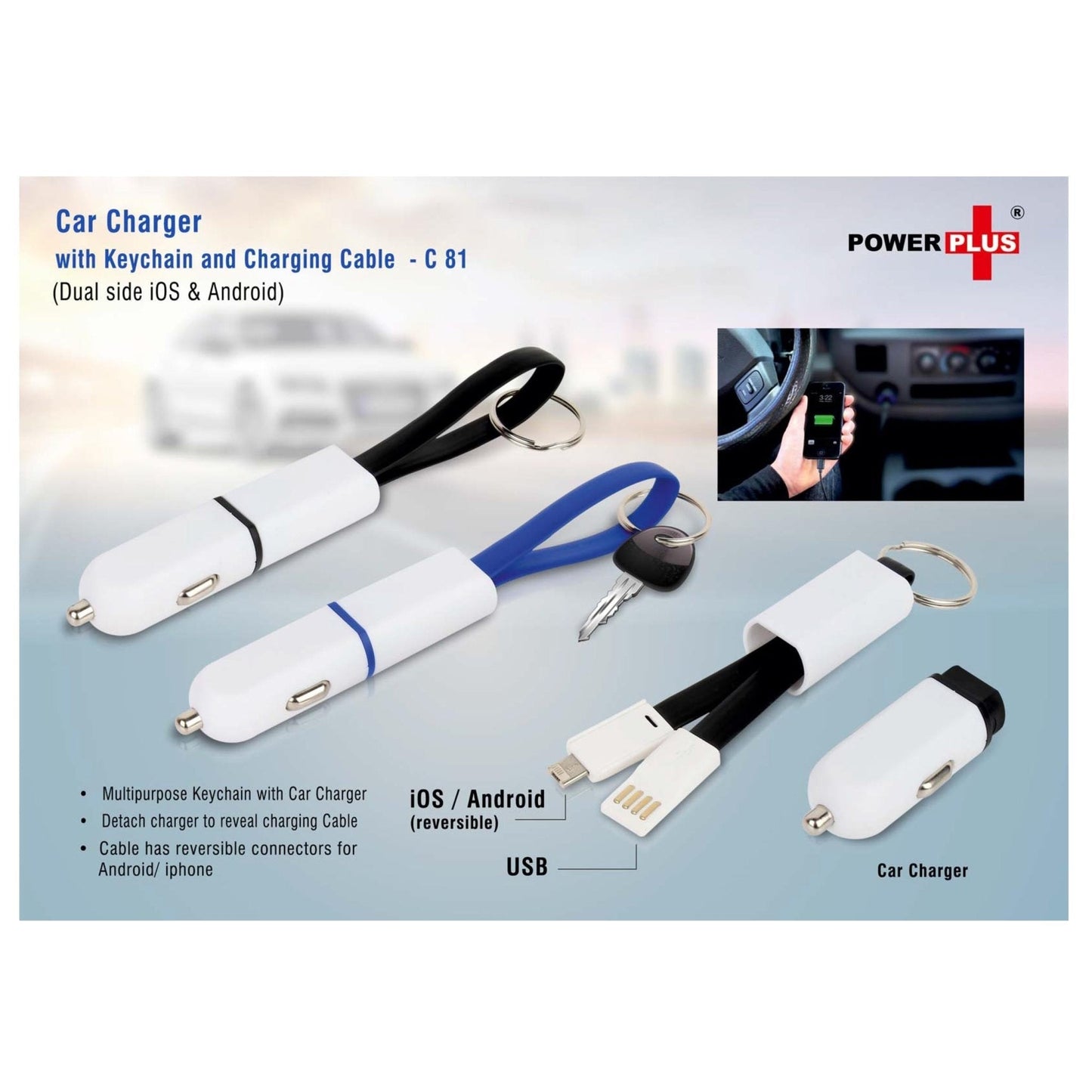 Car Charger With Keychain And Charging Cable (Dual Side IOS & Android) C 81 MARSH Corporate gifts