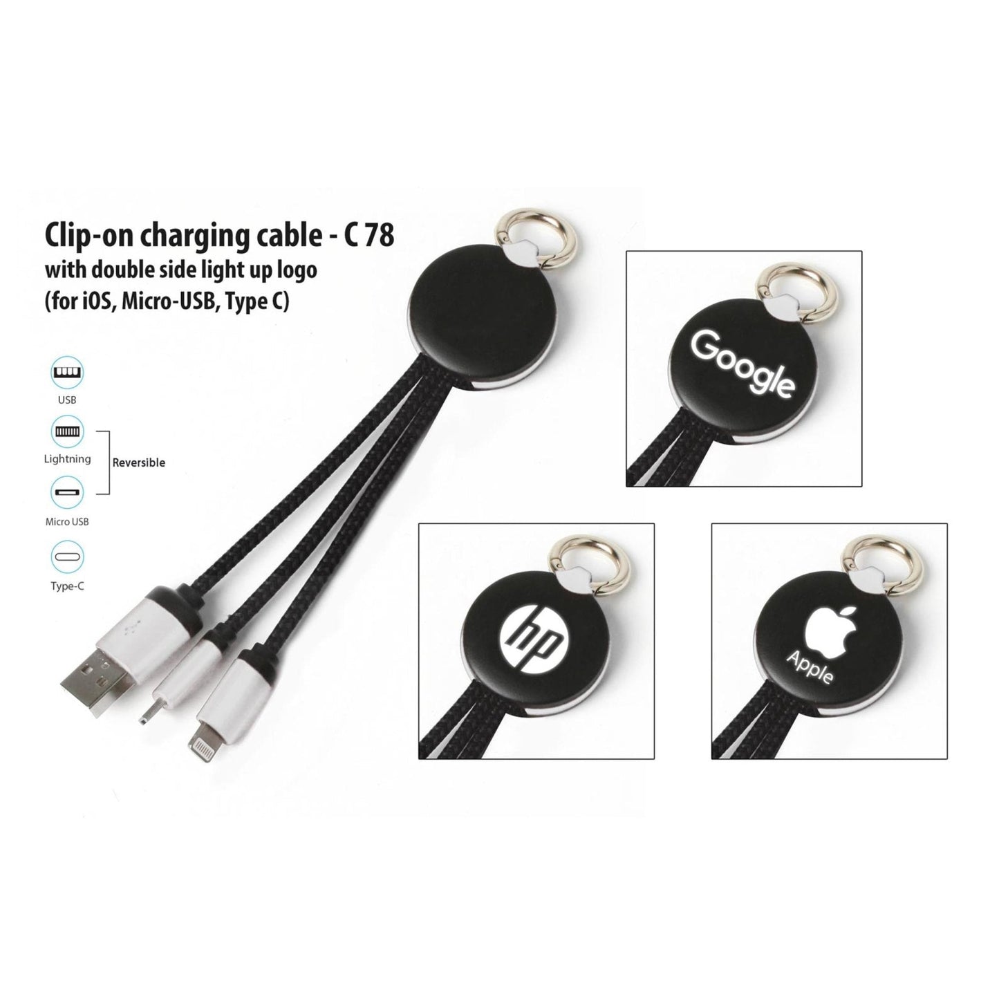 Clip-On Charging Cable With Double Side Light Up Logo (IOS, Micro-USB, Type C) - C 78 MARSH Corporate gifts
