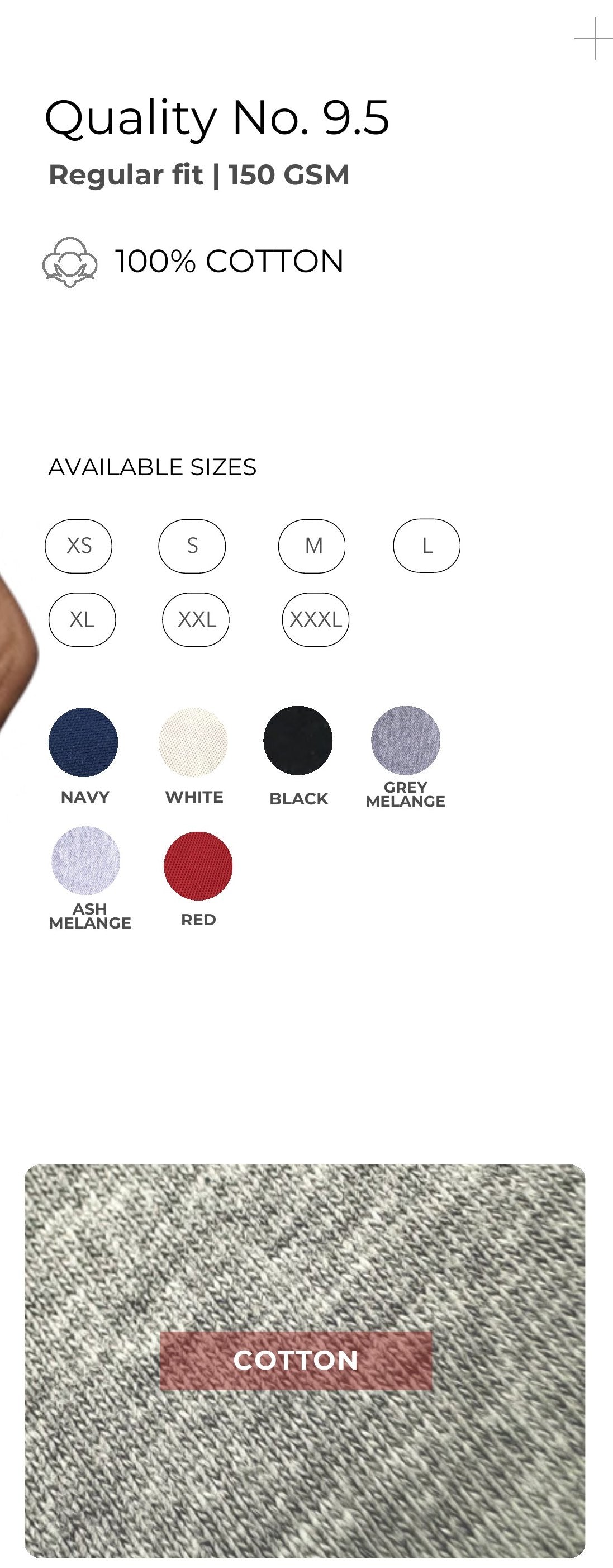 Combed Cotton Round Neck T-shirt – Quality 9.5 (150 GSM) – specifications and colour swatches