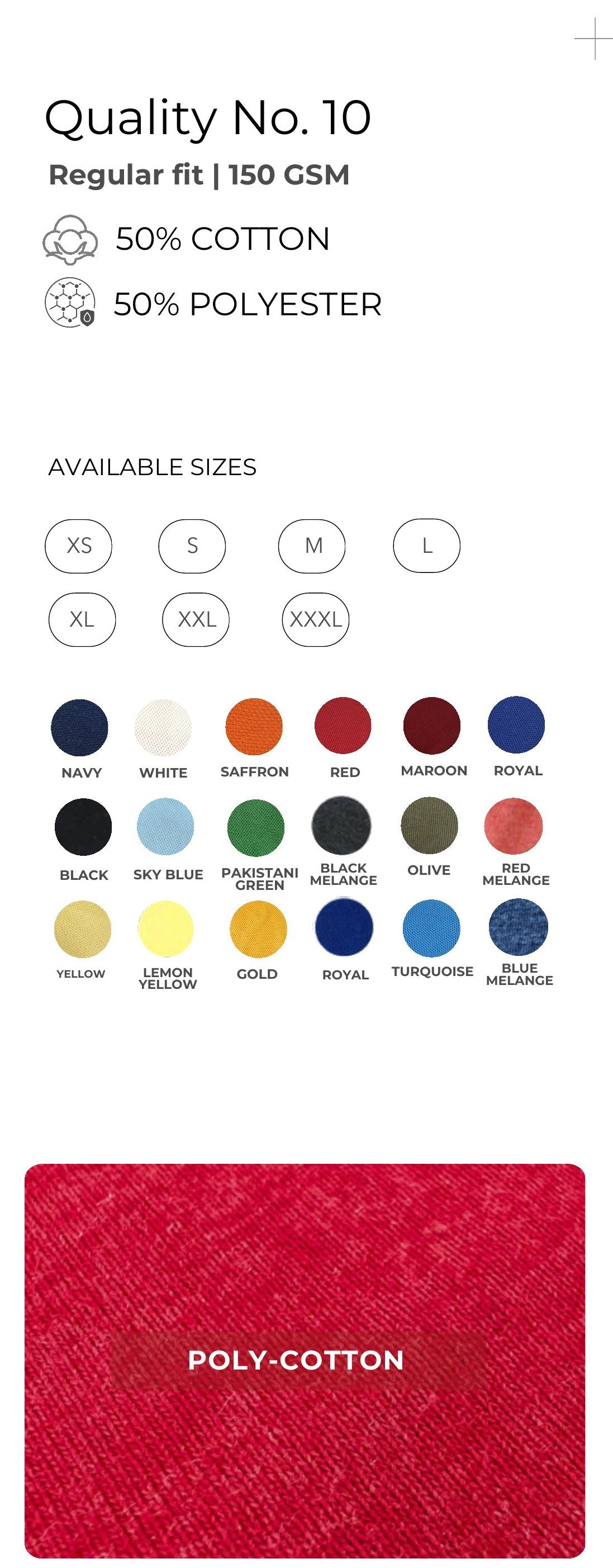 Poly-Cotton Round Neck T-shirt – Quality 10 (150 GSM) – specifications and colour swatches