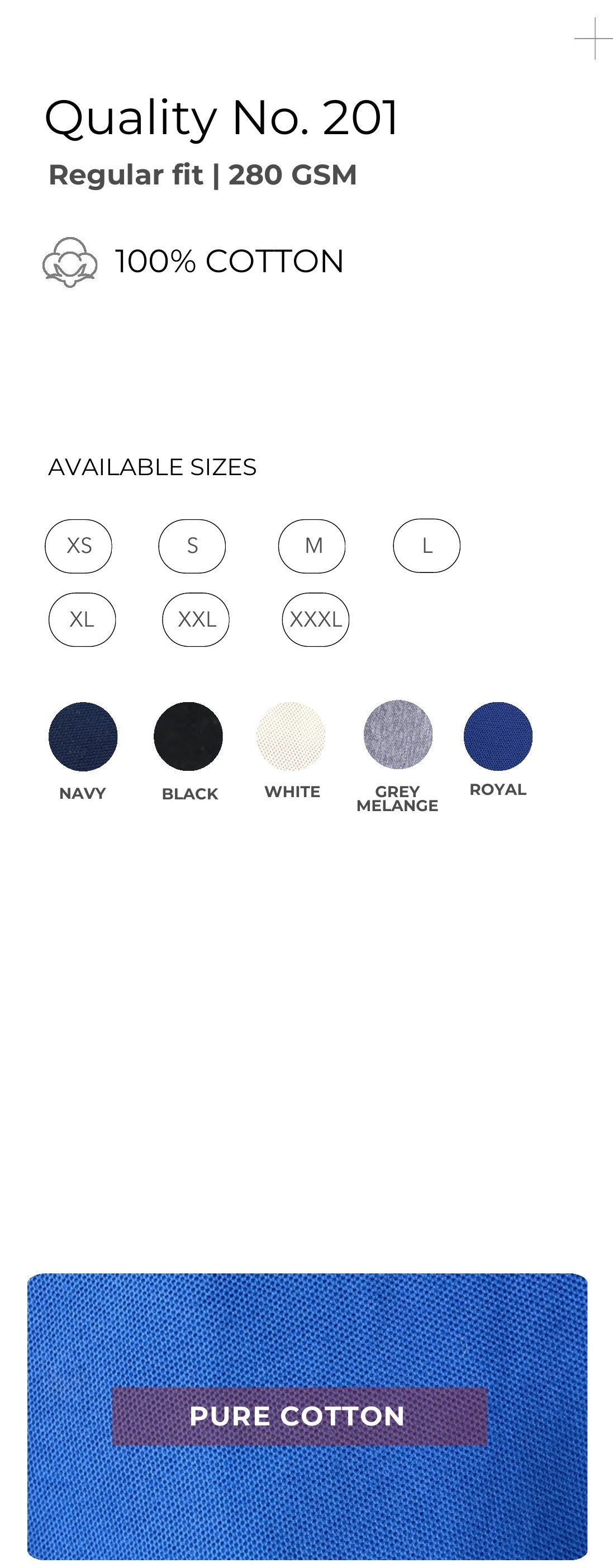 Pure Cotton Polo T-shirt – Quality 201 (280 GSM) – specifications and colour swatches