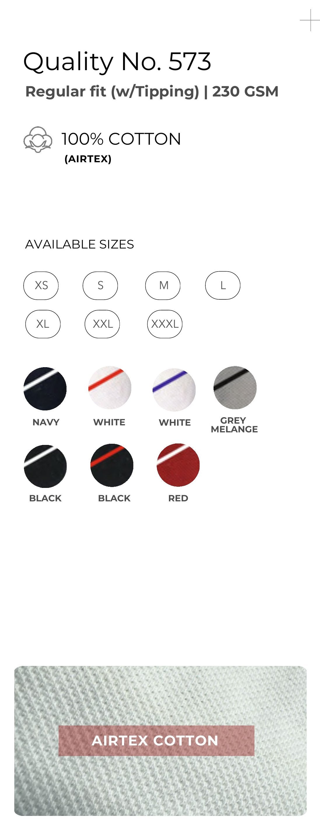 Airtex Polo T-shirt with Tipping – Quality 573 (230 GSM) – specifications and colour swatches