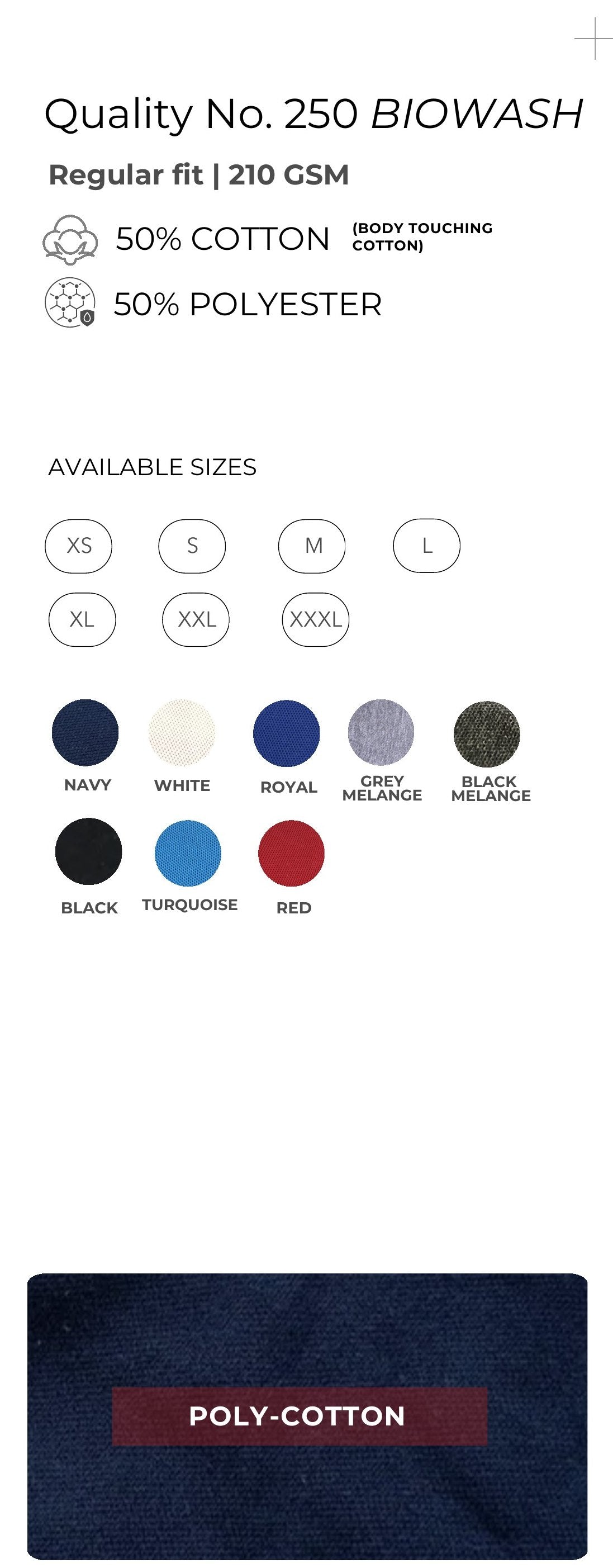 Bio-wash Poly-Cotton Polo T-shirt – Quality 250 (210 GSM) – specifications and colour swatches