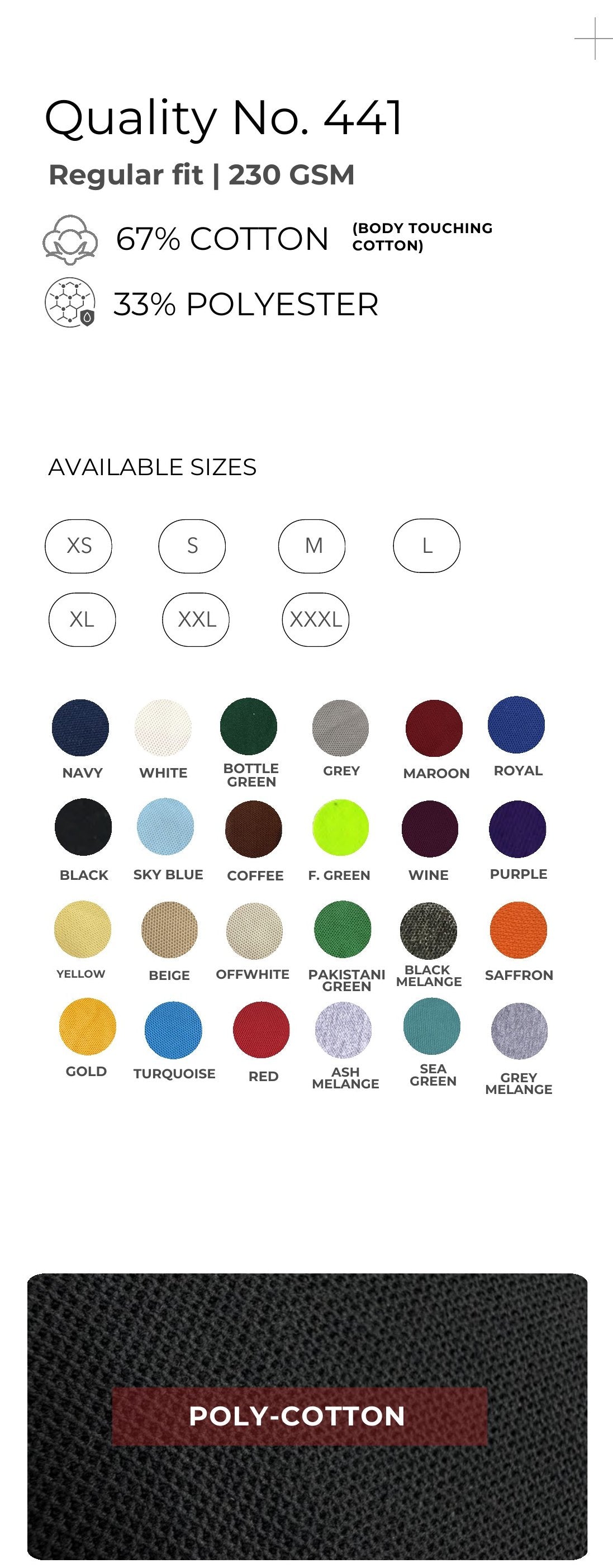 Cotton-touch Poly-Cotton Polo T-shirt – Quality 441 (230 GSM) – specifications and colour swatches