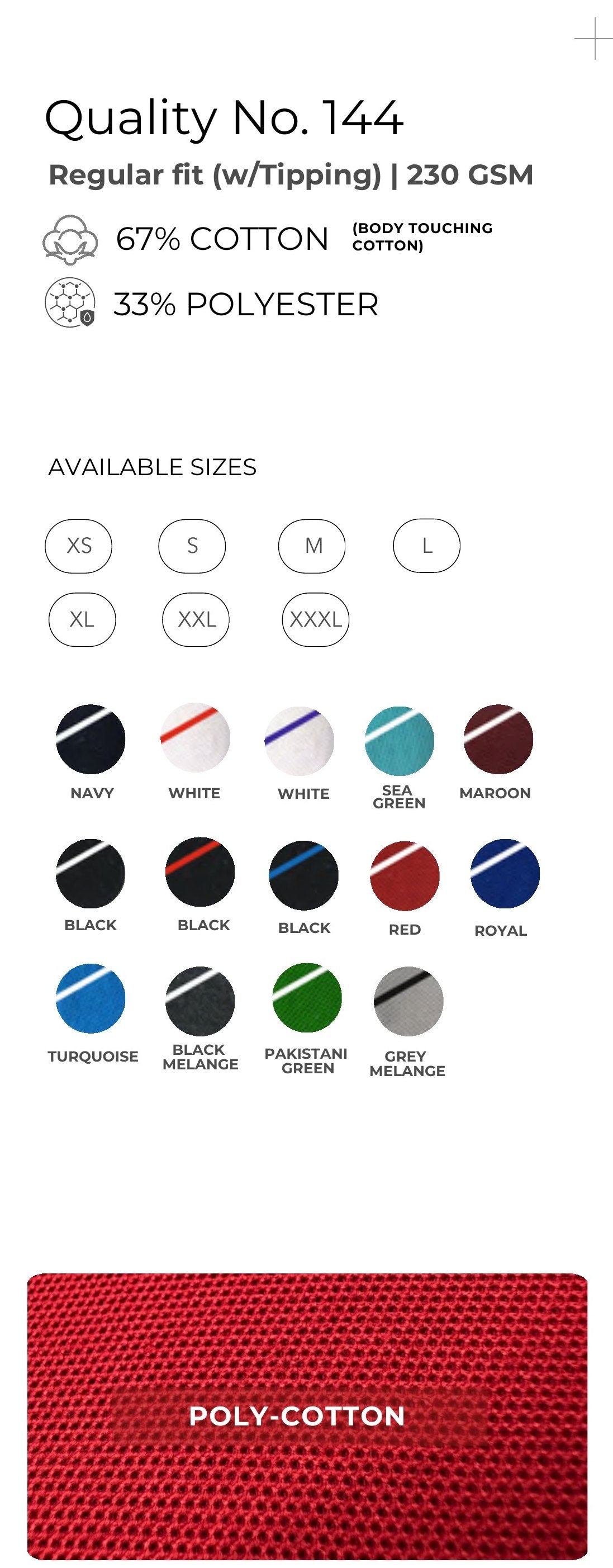 Cotton-touch Poly-Cotton Polo T-shirt with Tipping – Quality 144 (230 GSM) – specifications and colour swatches