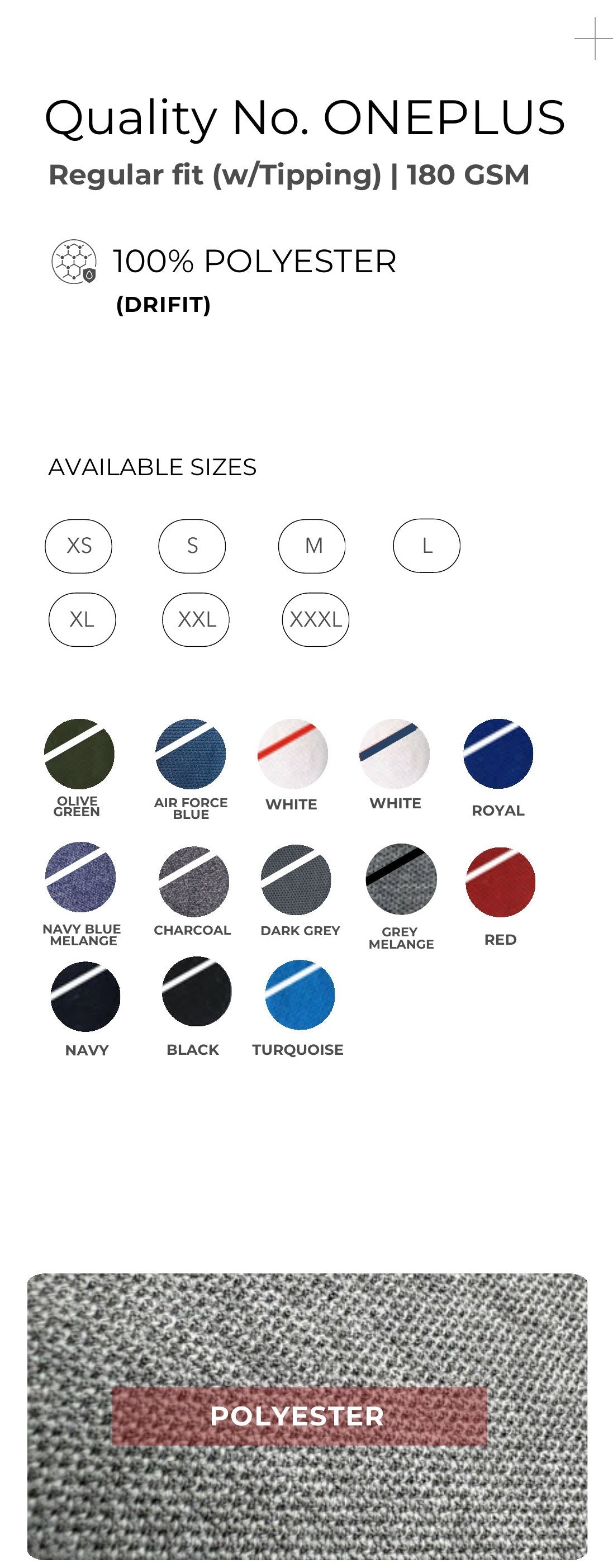 Dri-fit Polo T-shirt with Tipping – Quality OnePlus (180 GSM) – specifications and colour swatches
