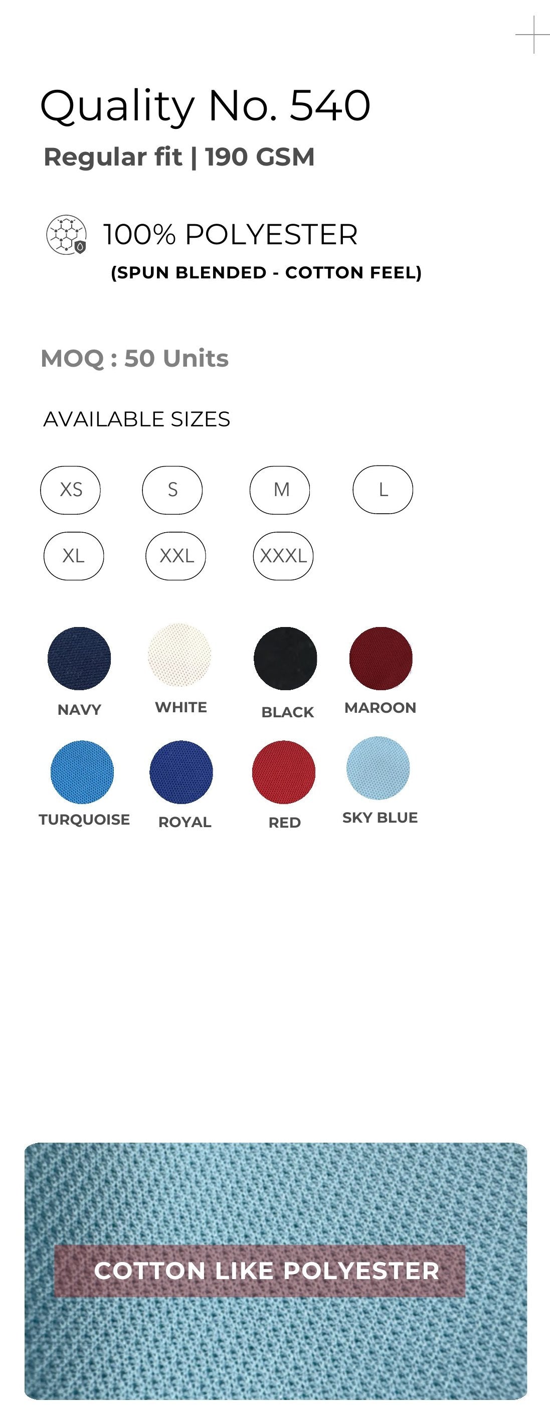 Cotton-feel Spun Poly Polo T-shirt – Quality 540 (190 GSM) – specifications and colour swatches