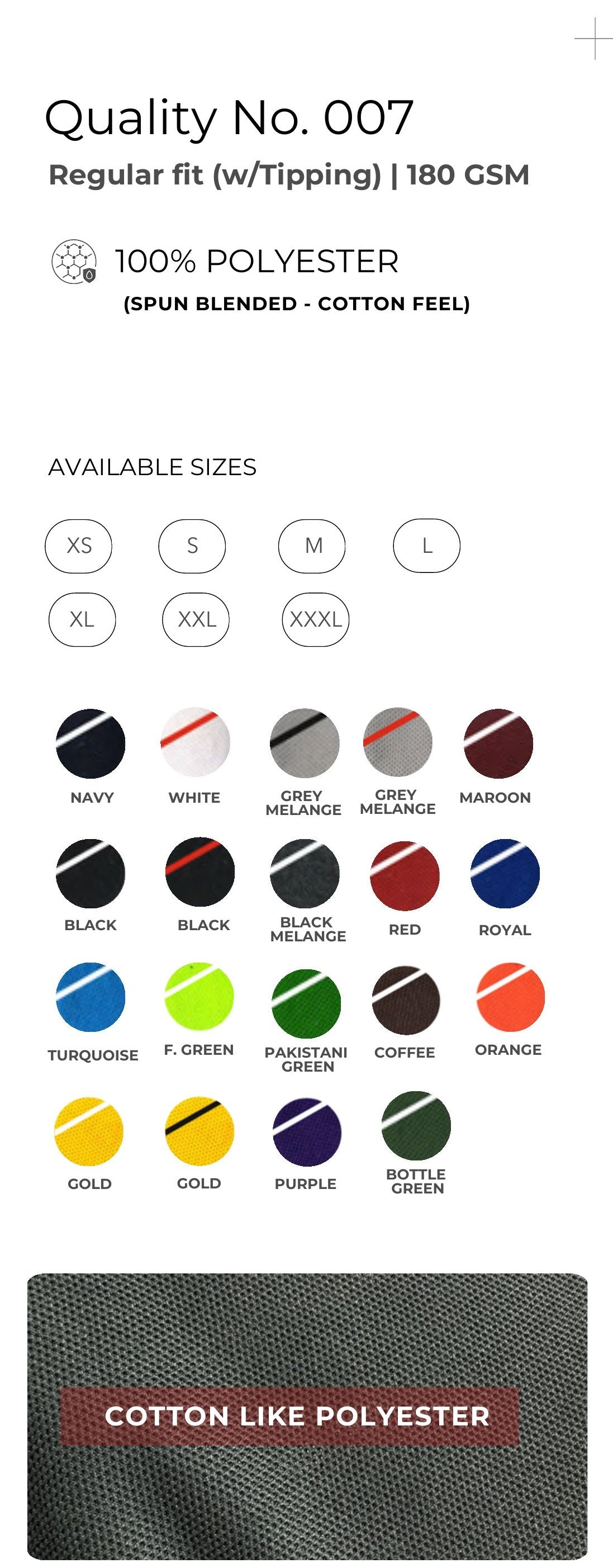 Cotton-feel Spun Poly Polo T-shirt with Tipping – Quality 007 (180 GSM) – specifications and colour swatches