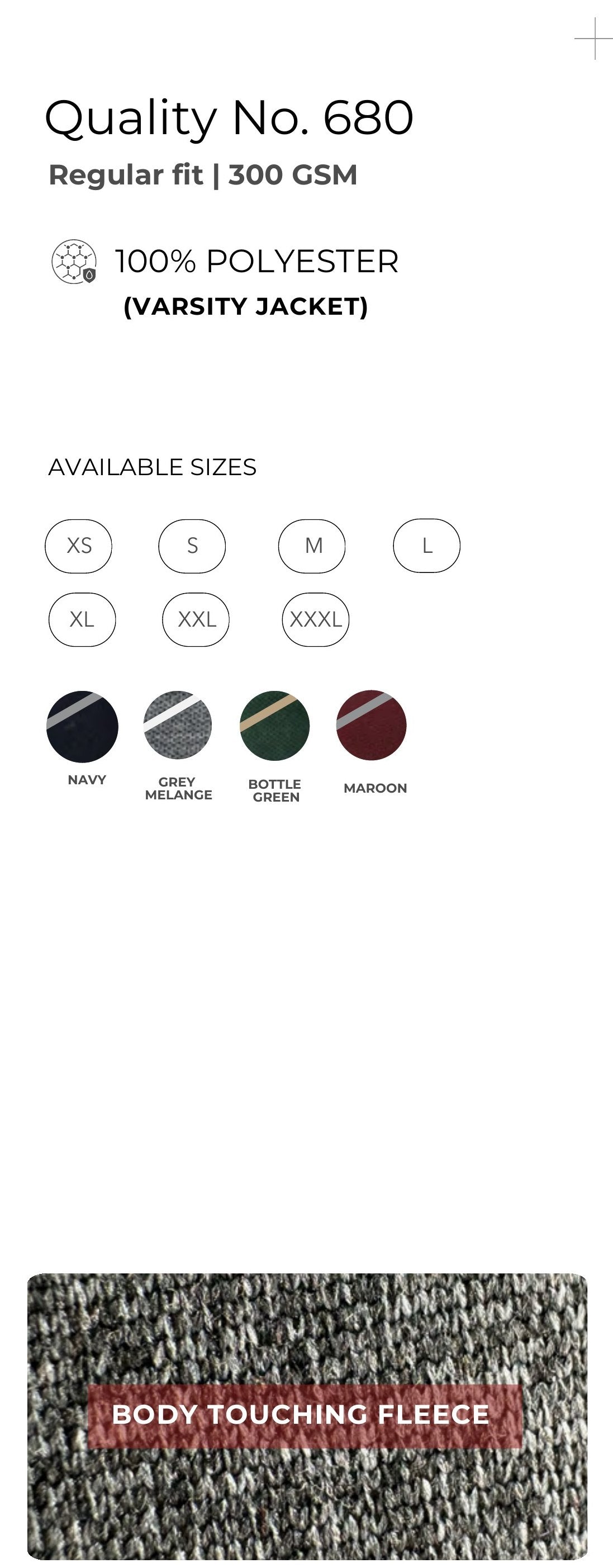 Polyester Varsity Jacket – Quality 680 (300 GSM) – specifications and colour swatches