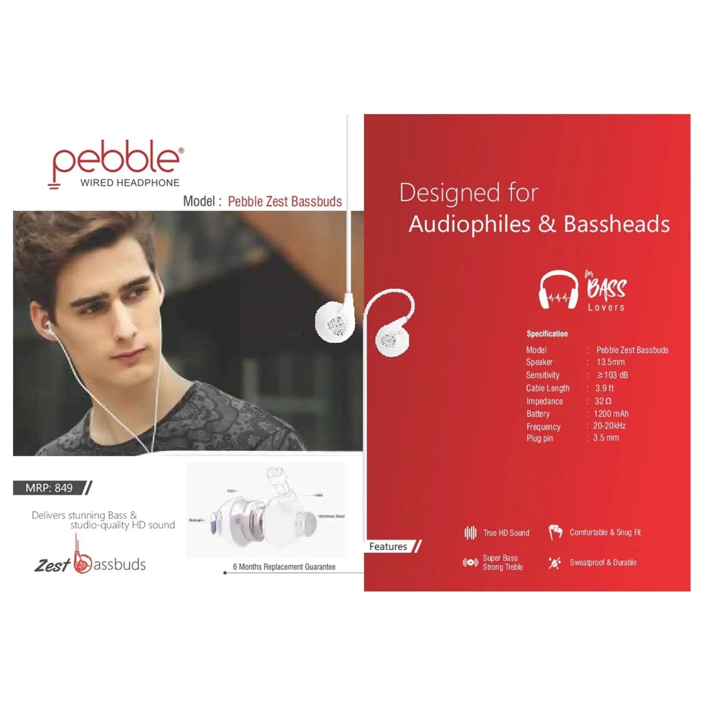 Pebble Zest Bassbuds Wired Earphone MARSH Stationery
