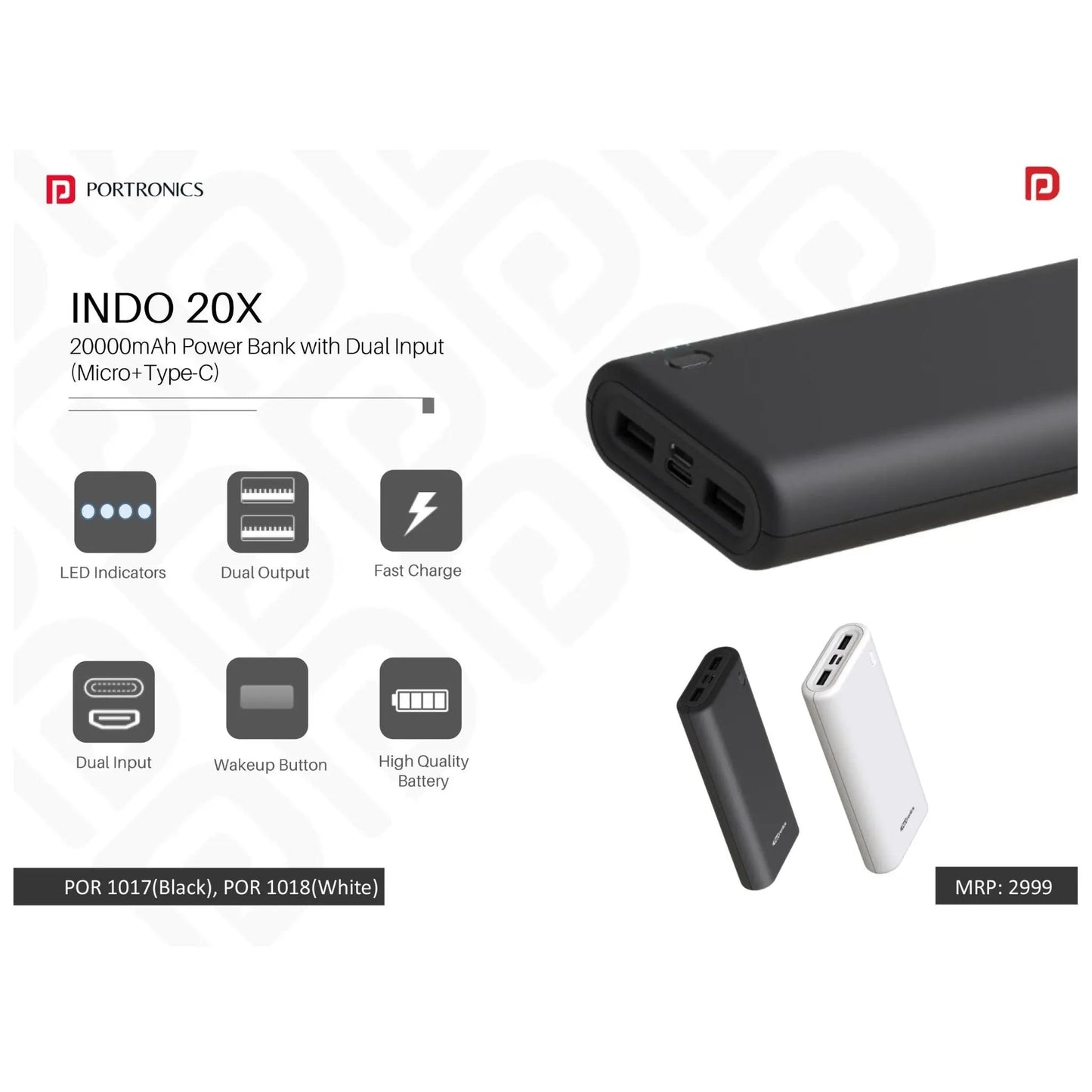 Portronics 20000mAh Power Bank with Dual Input (Micro+Type-C) - POR 1017/1018 MARSH Corporate gifts