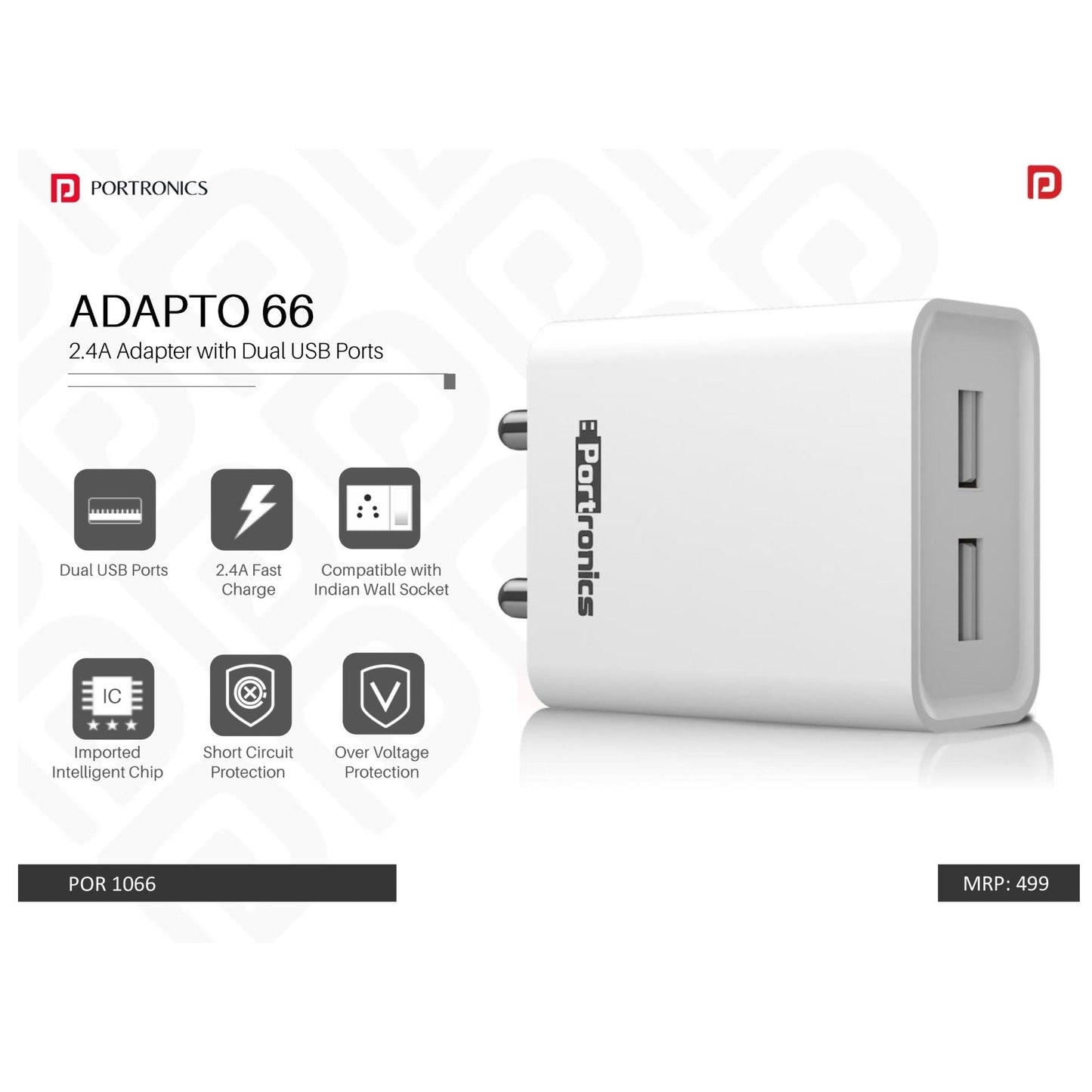 Portronics 2.4A Charger with Dual USB Ports - POR 1066