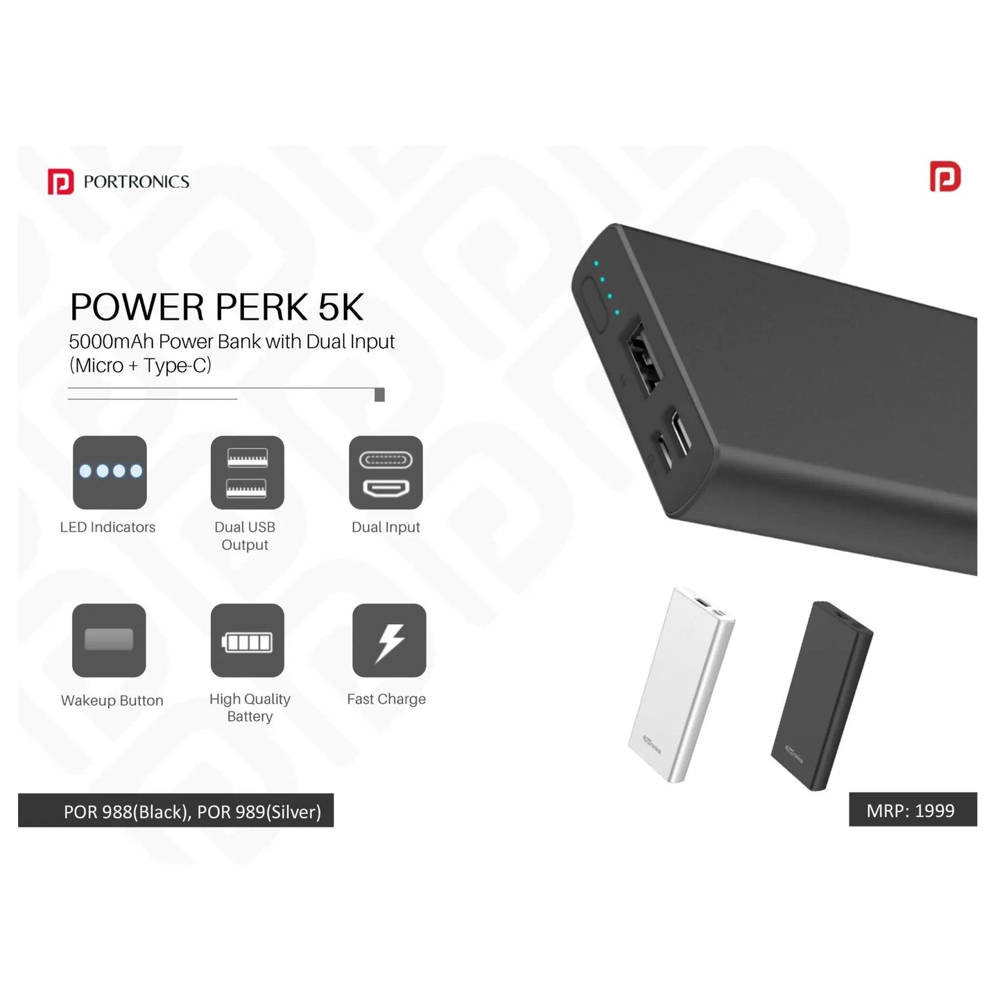 Portronics 5000mAh Power Bank with Dual Input (Micro+Type-C) - POR 988/989 MARSH Corporate gifts