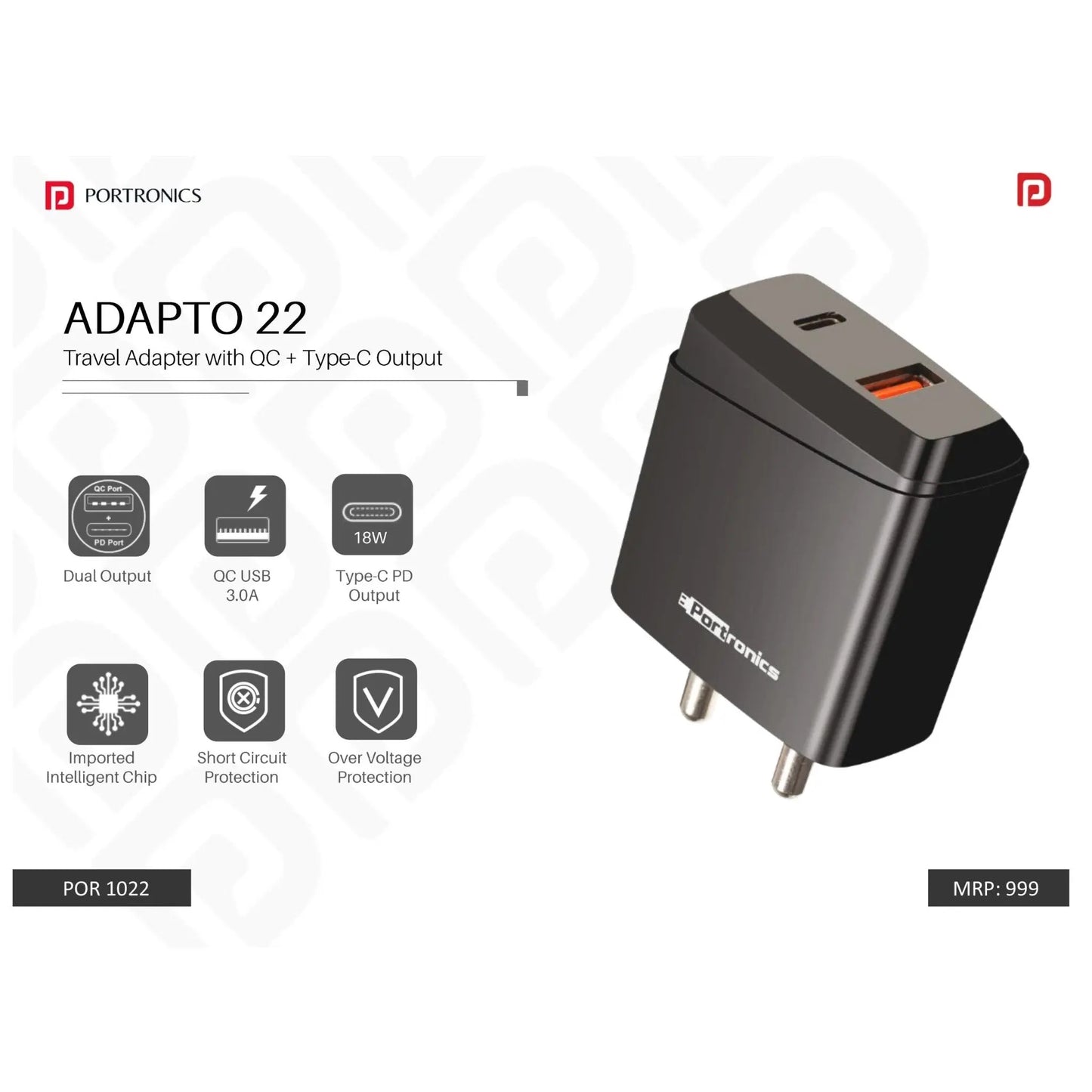 Portronics Travel Adapter With QC + Type-C Output - POR 1022 MARSH Corporate gifts