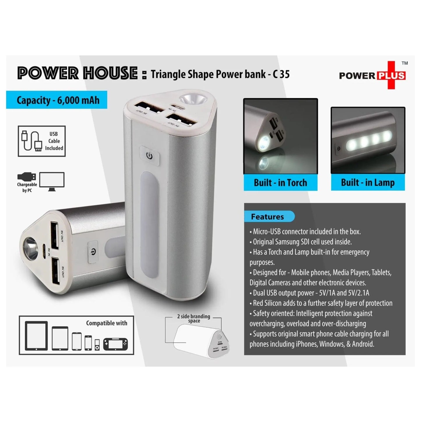 Power Plus Power House : Triangle Shape Power Bank With Lamp And Torch (Dual USB Port) (6000 MAh) - C 35 MARSH Corporate gifts