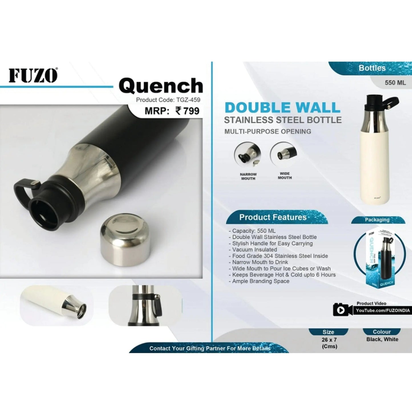 Quench Double Wall Stainless Steel Bottle - 550 ml - TGZ-459 MARSH Corporate gifts