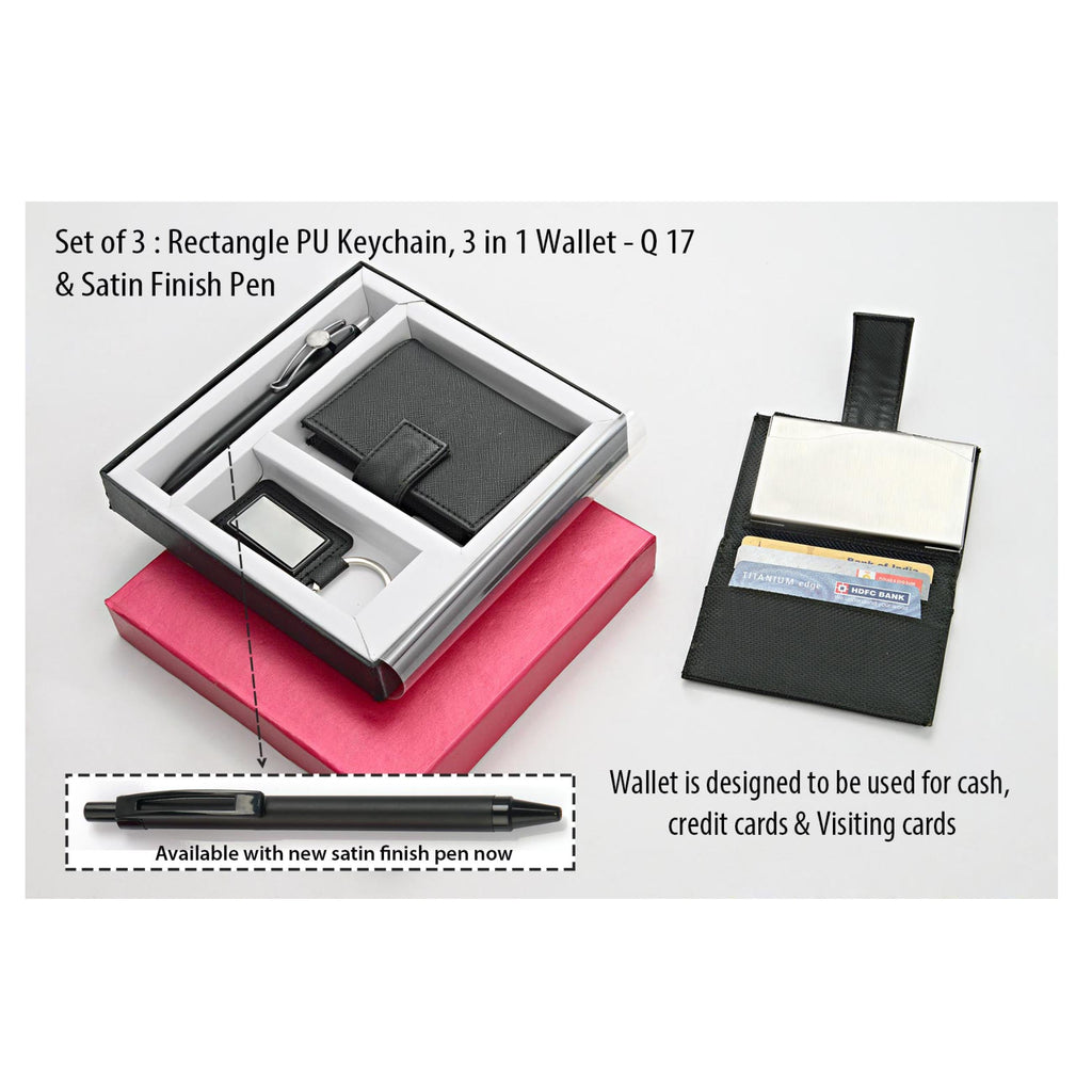 Set Of 3 : Rectangle PU Keychain, 3 In 1 Wallet & Highway Satin Pen - Q17