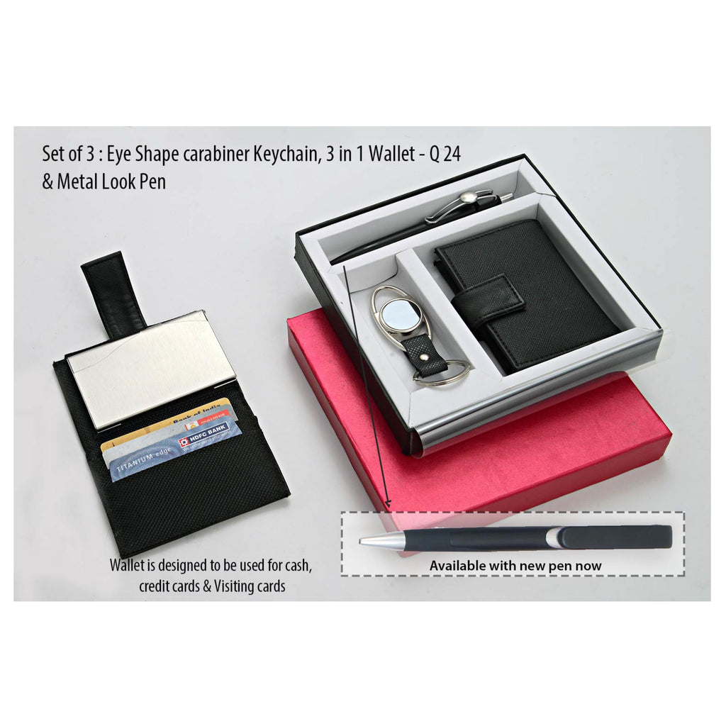 Set of 3: Eye Shape carabiner Keychain ,3 in 1 wallet -Q 24 & Metal Look pen