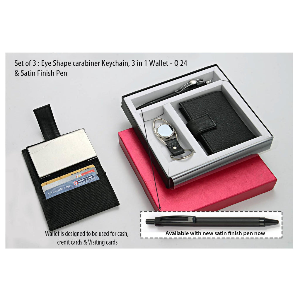 Set Of 3 : Eye Shape Carabiner Keychain, 3 In 1 Wallet & Highway Satin Pen - Q24