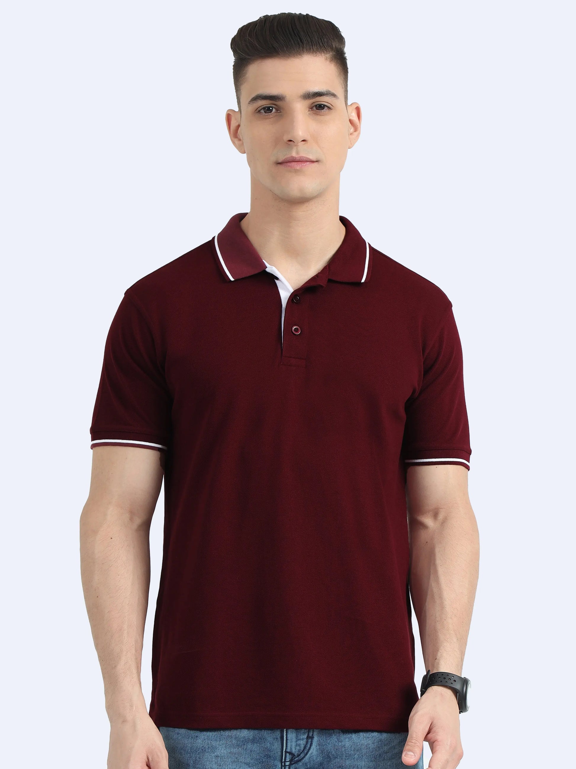 Man wearing maroon polo t-shirt with white trim, ideal for corporate gifting or bulk orders