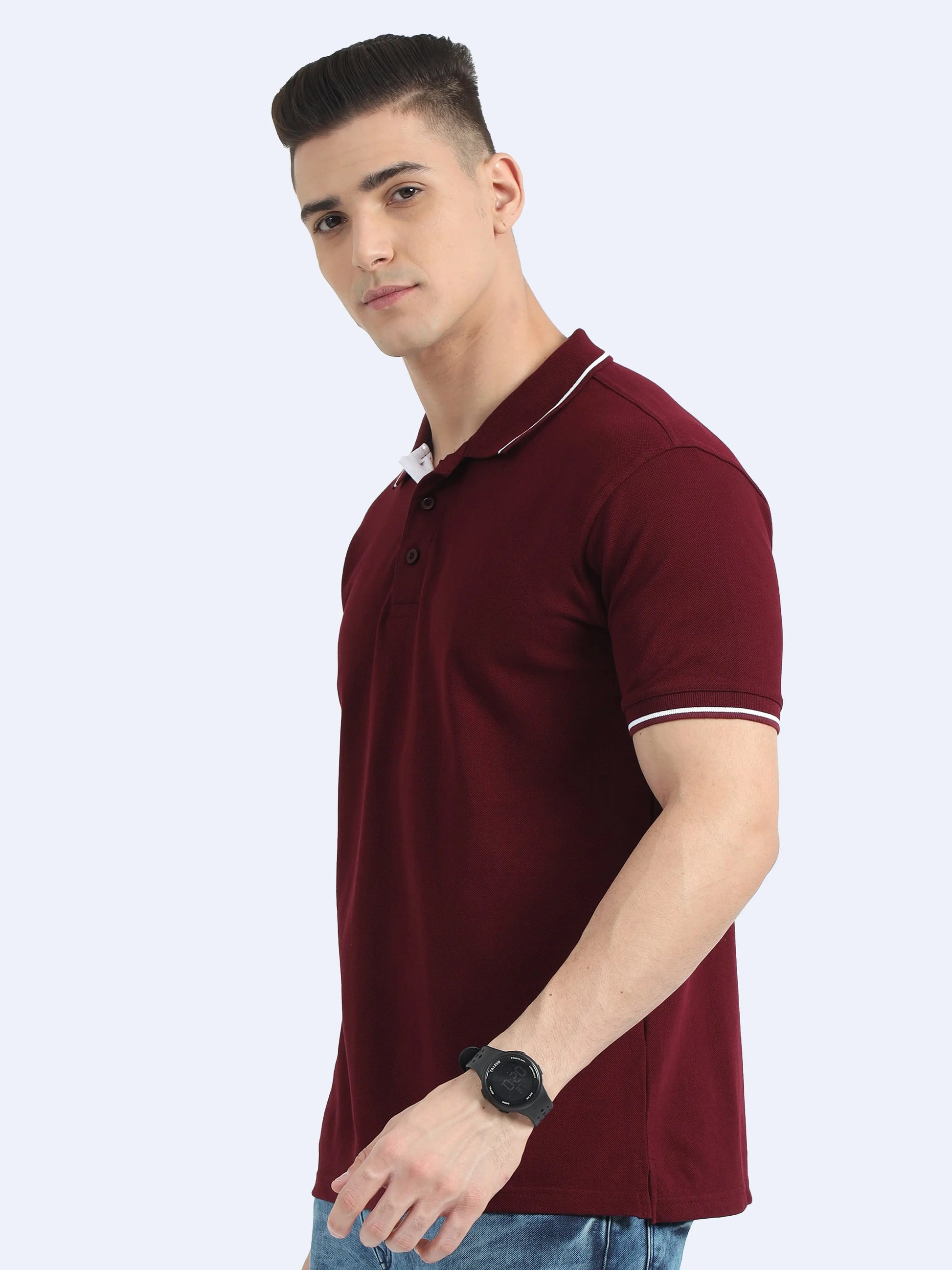 Man wearing maroon polo t-shirt with white trim, ideal for corporate gifting or promotional apparel