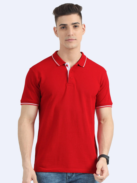 Man wearing red polo t-shirt with white trim, ideal for corporate uniforms or promotional apparel
