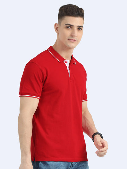 Man wearing a red polo t-shirt with white trim, promotional apparel for corporate gifting
