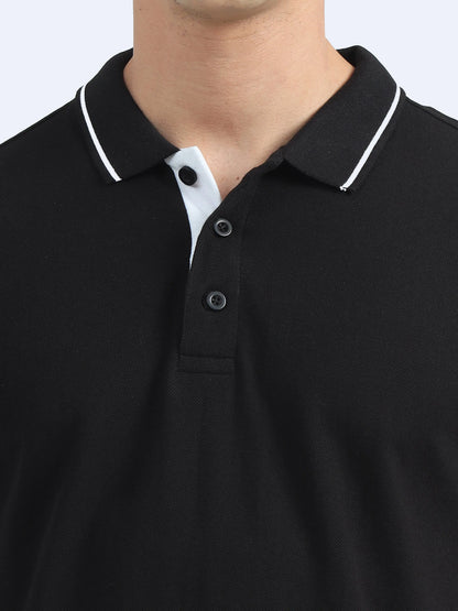 Black polo t-shirt with white tipping on collar and white button placket, ideal for corporate gifts