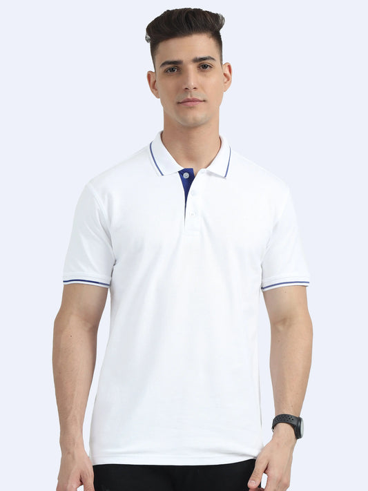 Man wearing plain white polo t-shirt with blue trim, ideal for corporate uniforms.