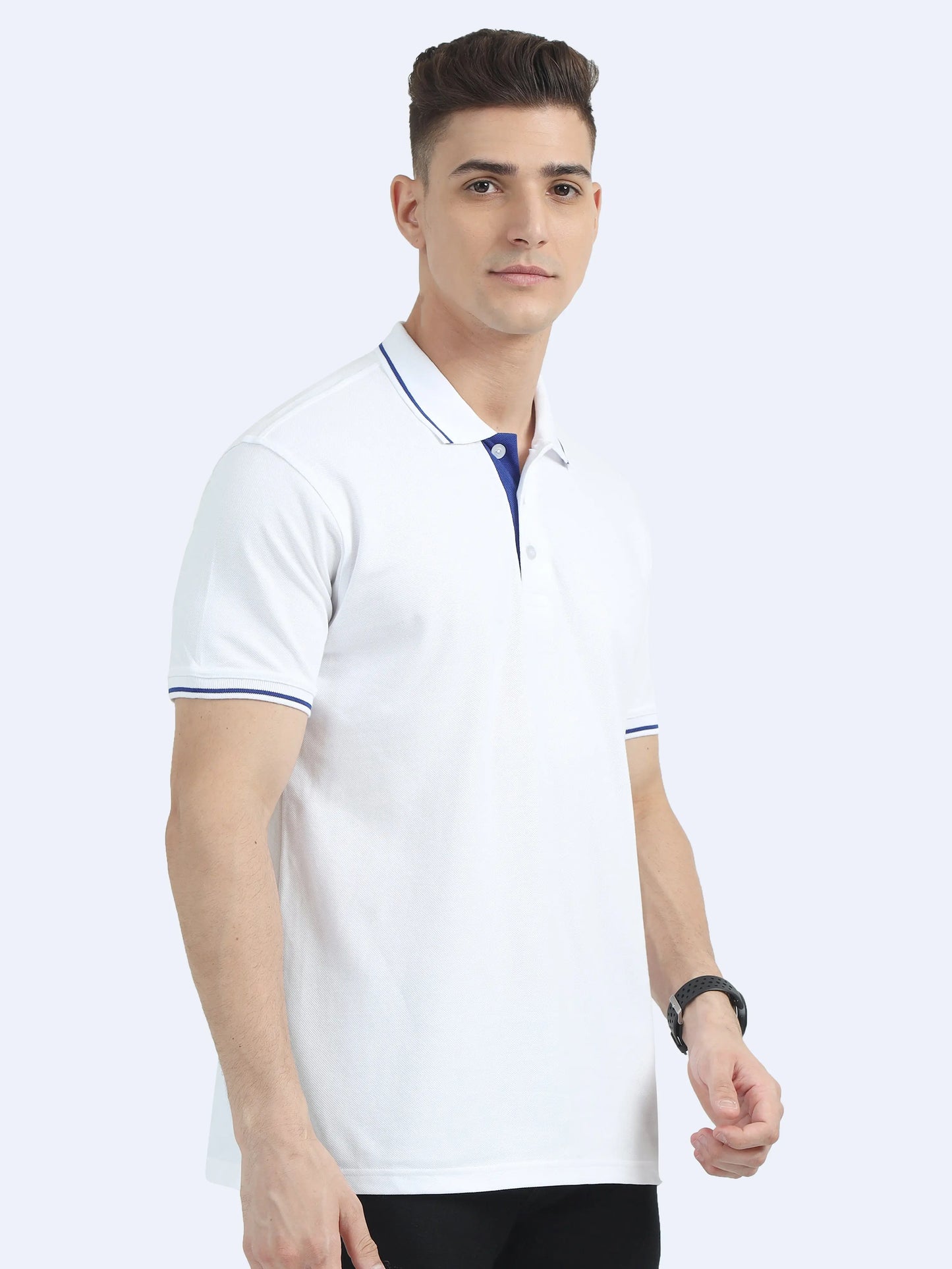 Man wearing white polo t-shirt with blue accents, corporate apparel for promotional use