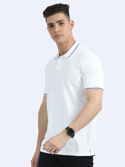 Man wearing white polo t-shirt with blue trim, perfect for corporate gifting or promotional apparel