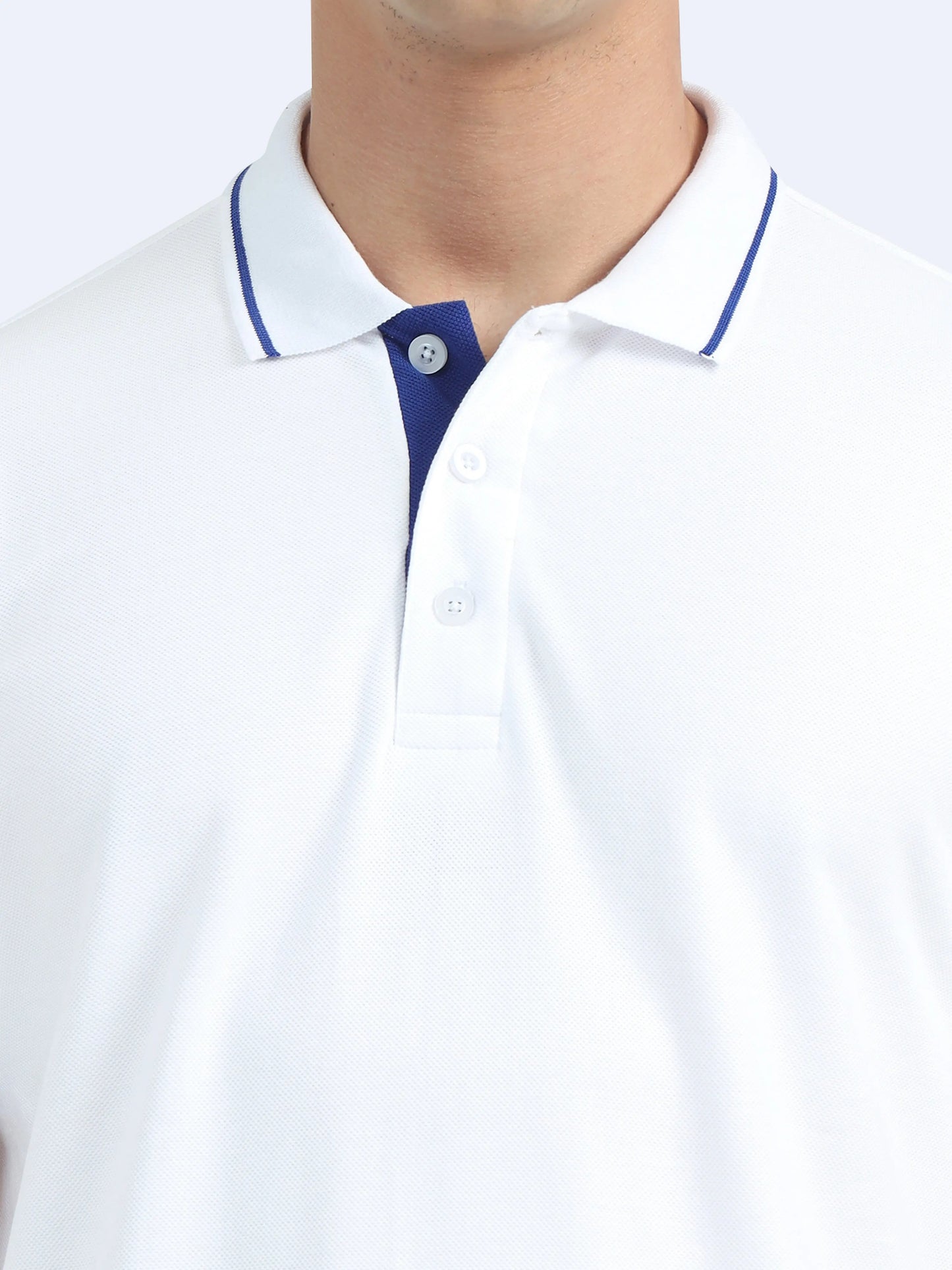 White polo shirt with blue collar trim and button placket, ideal for corporate gifting