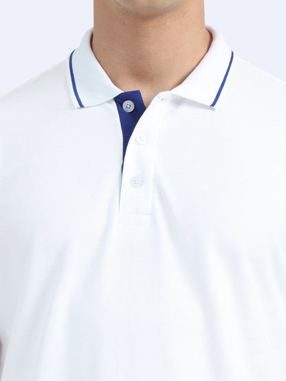 White polo shirt with blue collar trim and button placket, ideal for corporate gifting