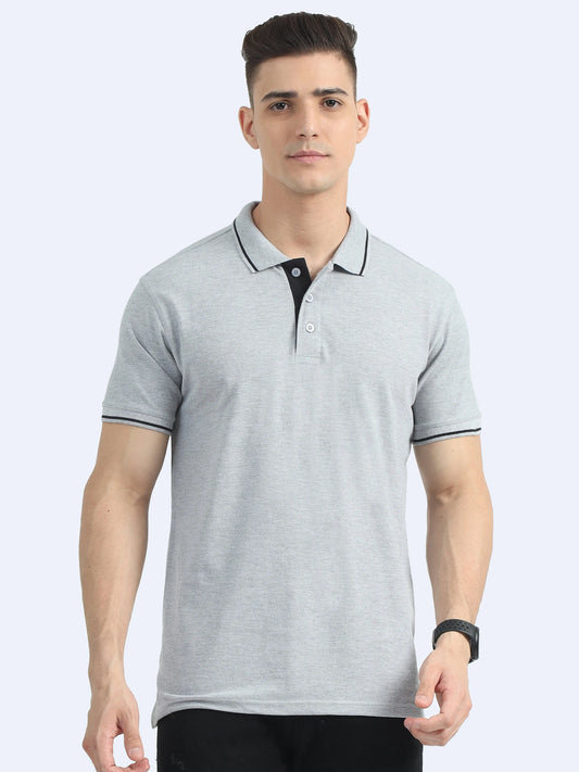 Man wearing light grey polo shirt with black collar accents, promotional apparel option