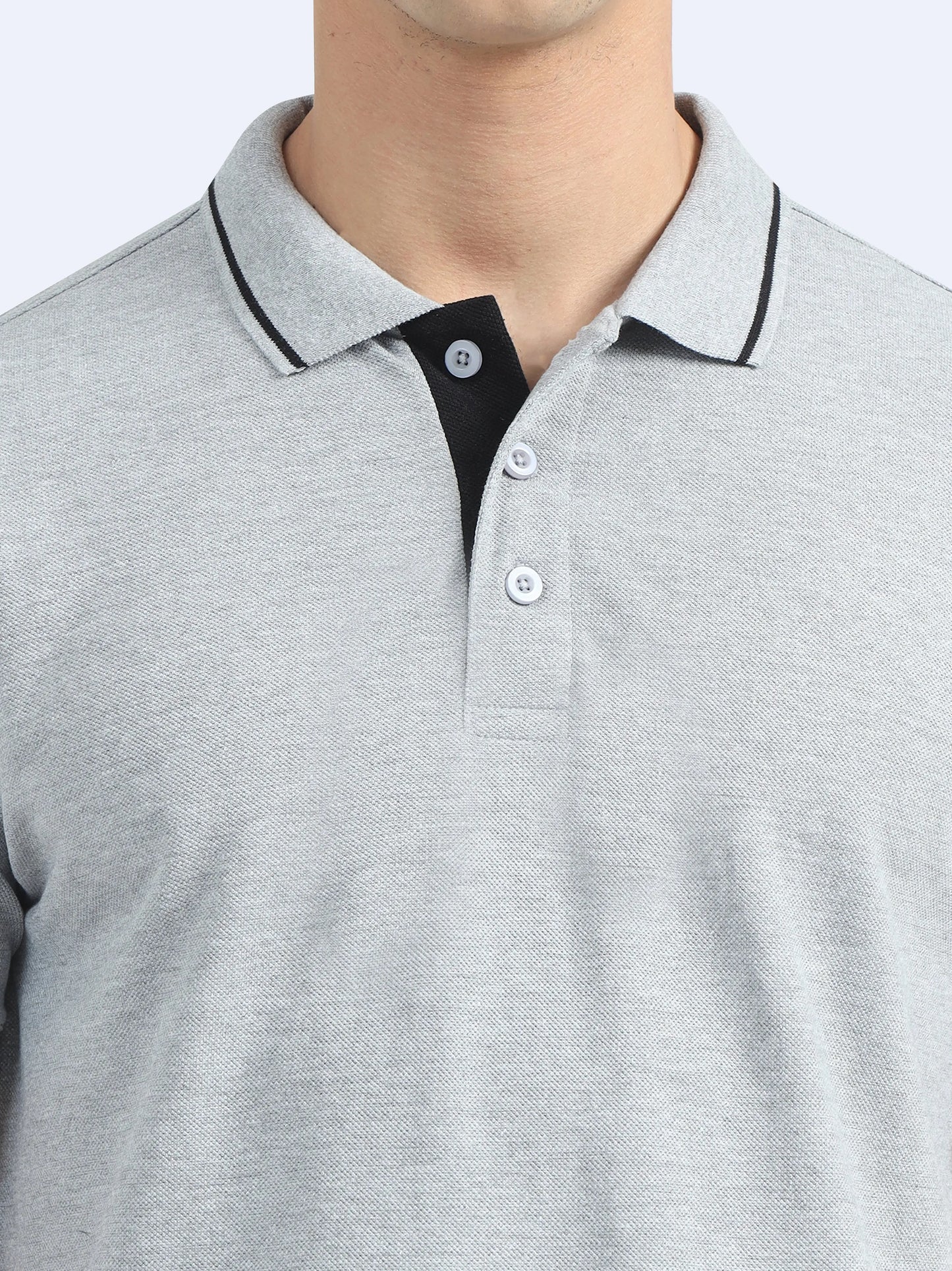 Light grey polo t-shirt with black piping collar, suitable for corporate gifts and branding