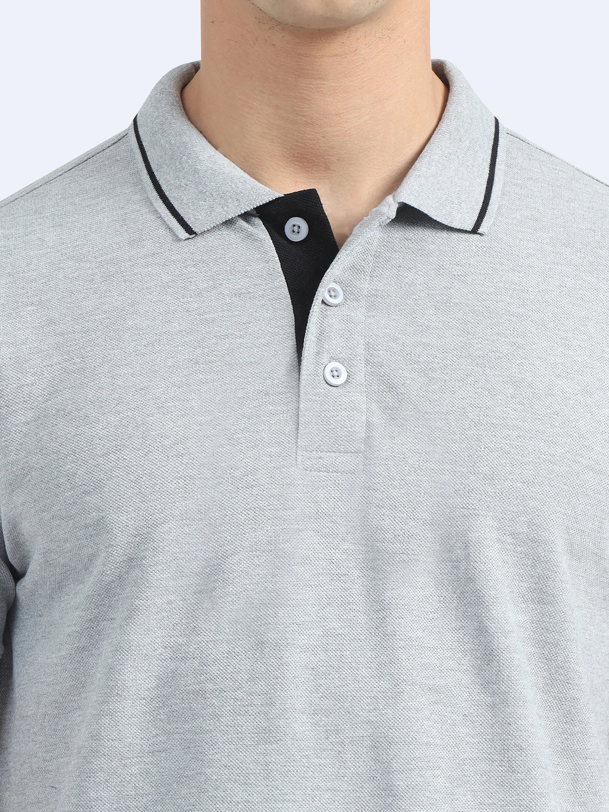 Light grey polo t-shirt with black piping collar, suitable for corporate gifts and branding