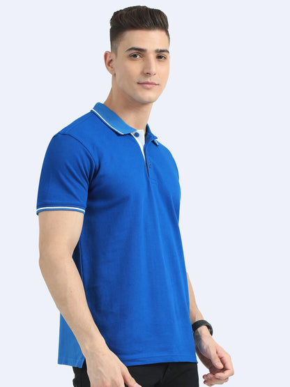 Man wearing royal blue polo t-shirt with white trim, ideal for corporate gifts or uniforms