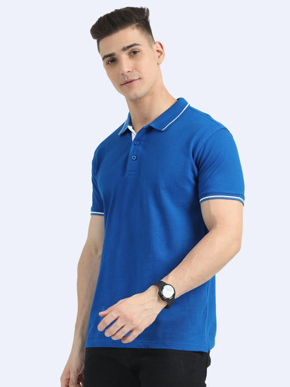 Man wearing blue polo t-shirt with white trim, ideal for corporate gifting or custom branding