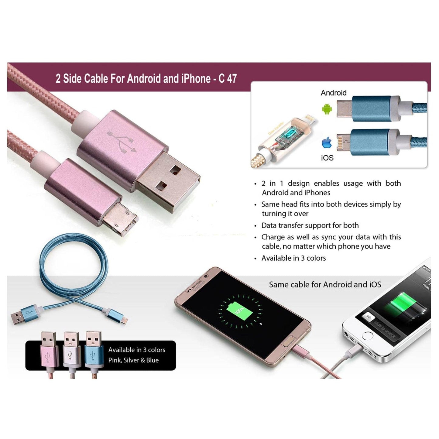 2 Side Cable For Android And iPhone - C 47 MARSH Corporate gifts