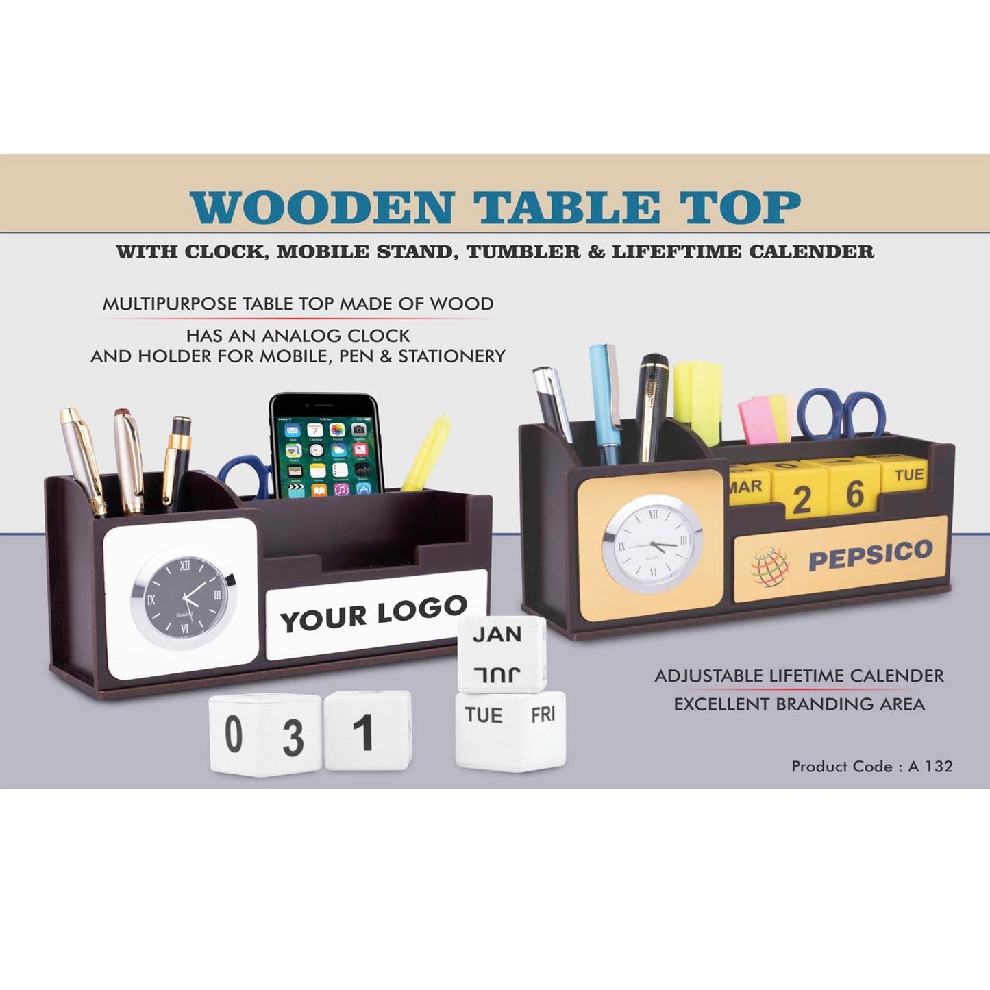Wooden Table top with Clock, mobile stand  - A 132 MARSH Corporate gifts