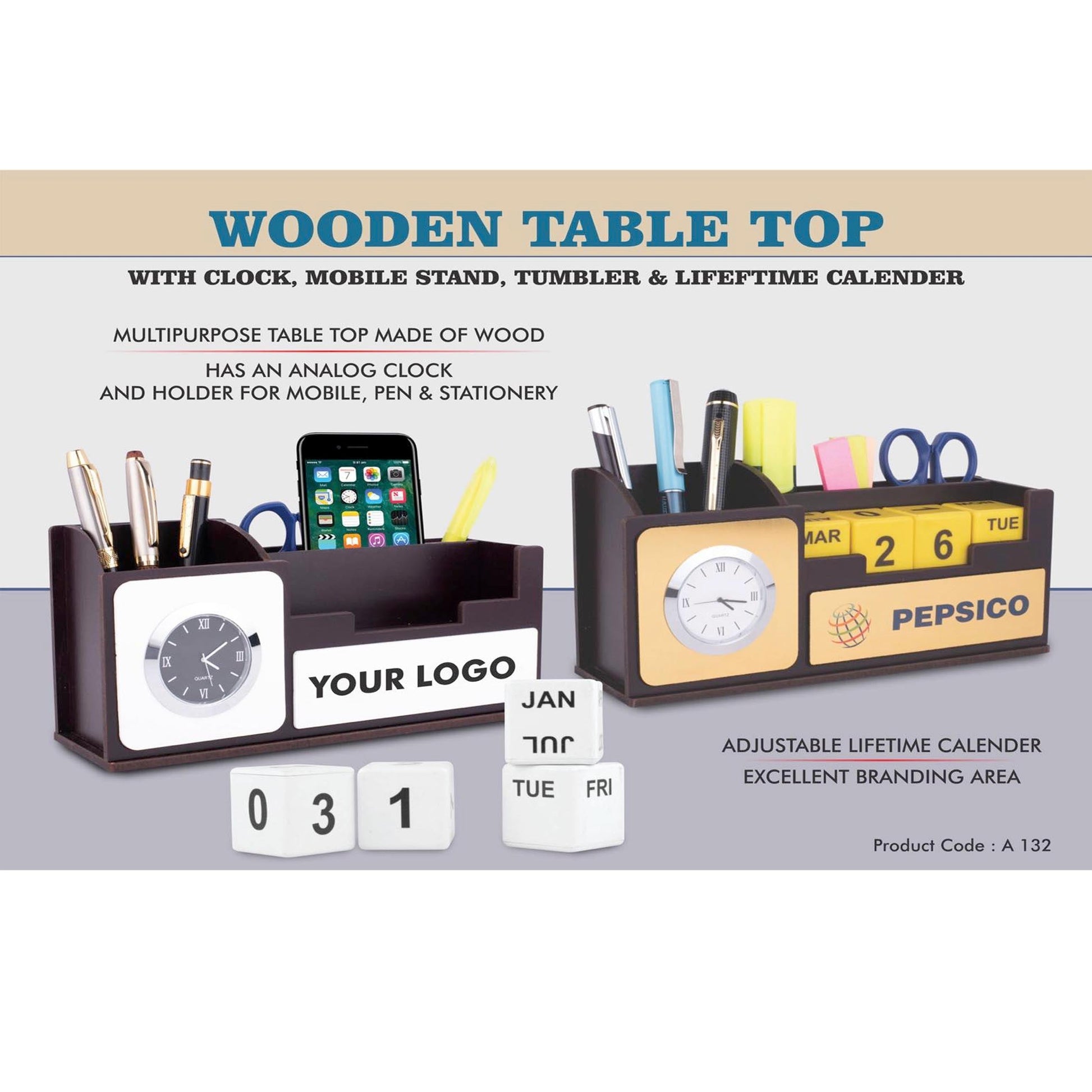 Wooden Table top with Clock, mobile stand  - A 132 MARSH Corporate gifts