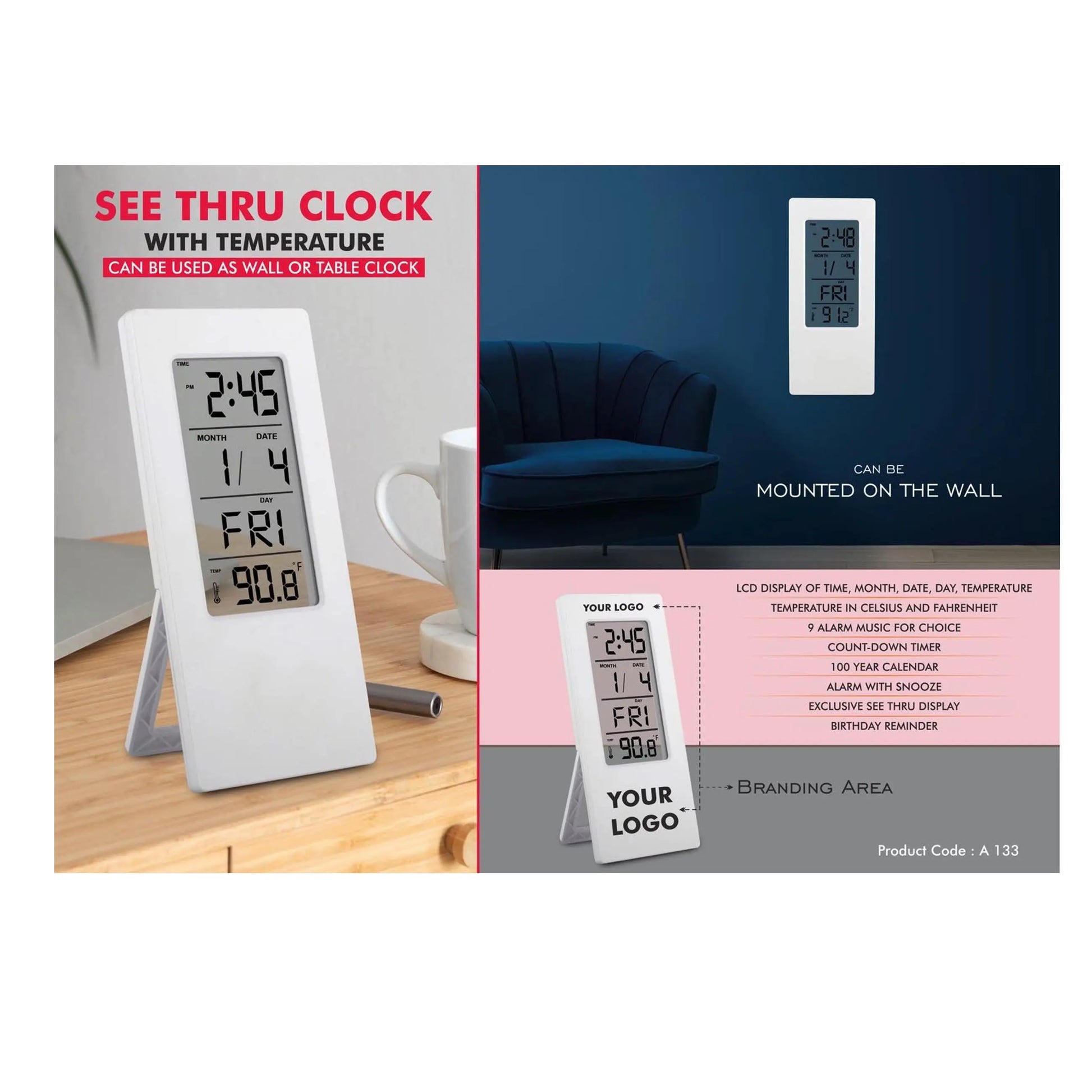 See Thru clock with temperature | Can be used as wall or table clock - A - 133 MARSH Corporate gifts