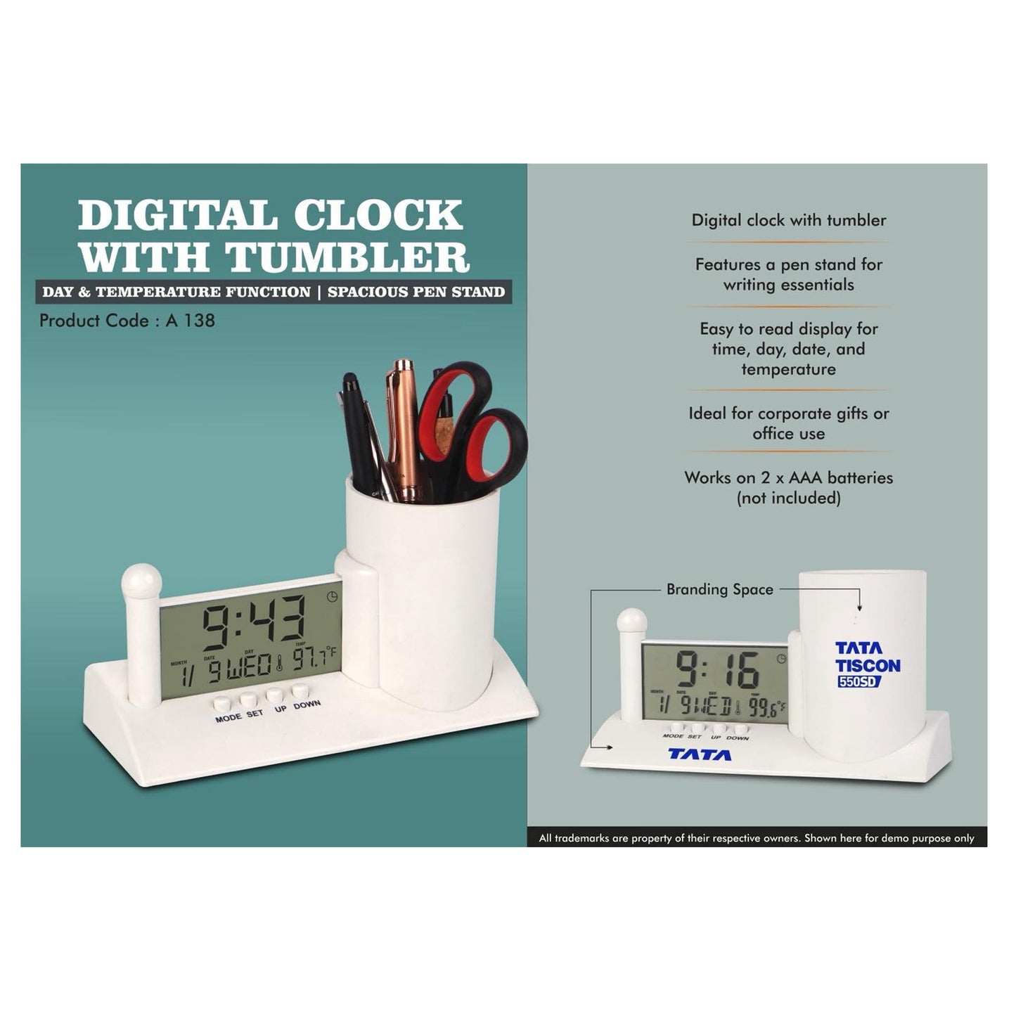 Digital Clock with Tumbler | Day & Temperature Function | Spacious Pen Stand A - 138 MARSH Corporate gifts