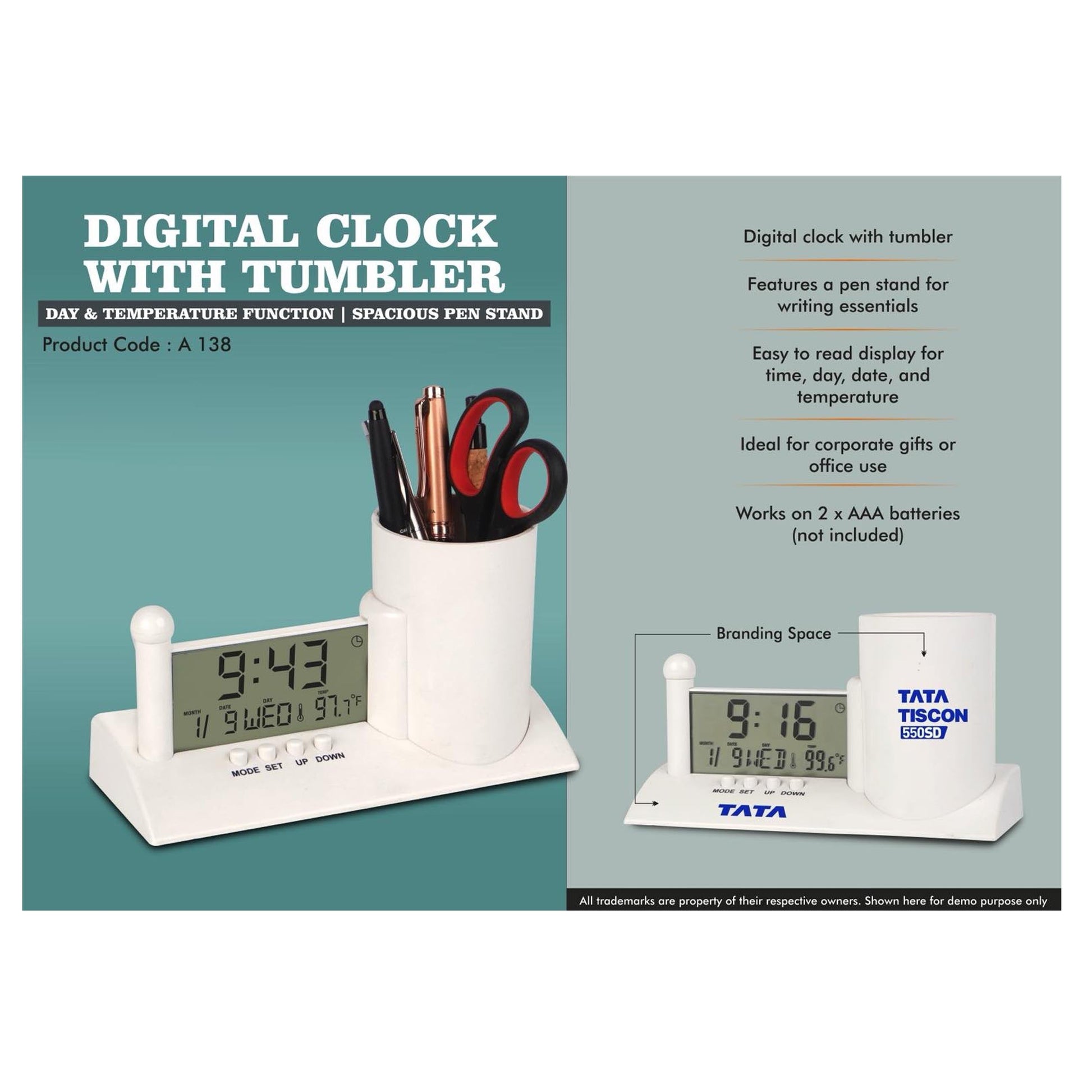 Digital Clock with Tumbler | Day & Temperature Function | Spacious Pen Stand A - 138 MARSH Corporate gifts