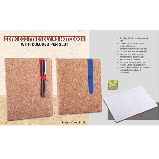 Cork Eco friendly A5 notebook with Colored pen slot | Hard bound cover- B 106 MARSH Corporate gifts