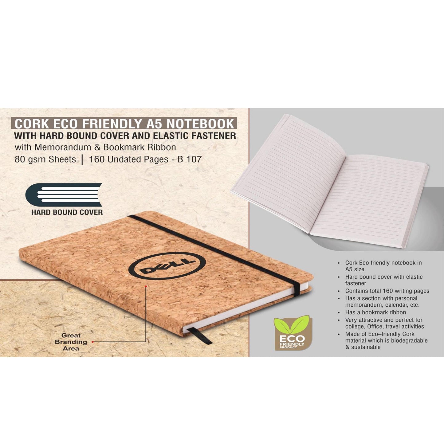 Cork Eco friendly A5 notebook with Hard bound cover and Elastic fastener- B 107 MARSH Corporate gifts